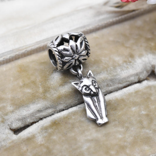 Vintage Sterling Silver Cat Charm Pendant with Floral Openwork Bale - Animal | Cat Lover | Souvenir Gift for Charm Bracelet