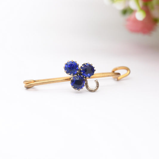 Antique Edwardian Clover Pin Bar Brooch with Three Blue Paste Stones - Gold Tone and Silver Tone
