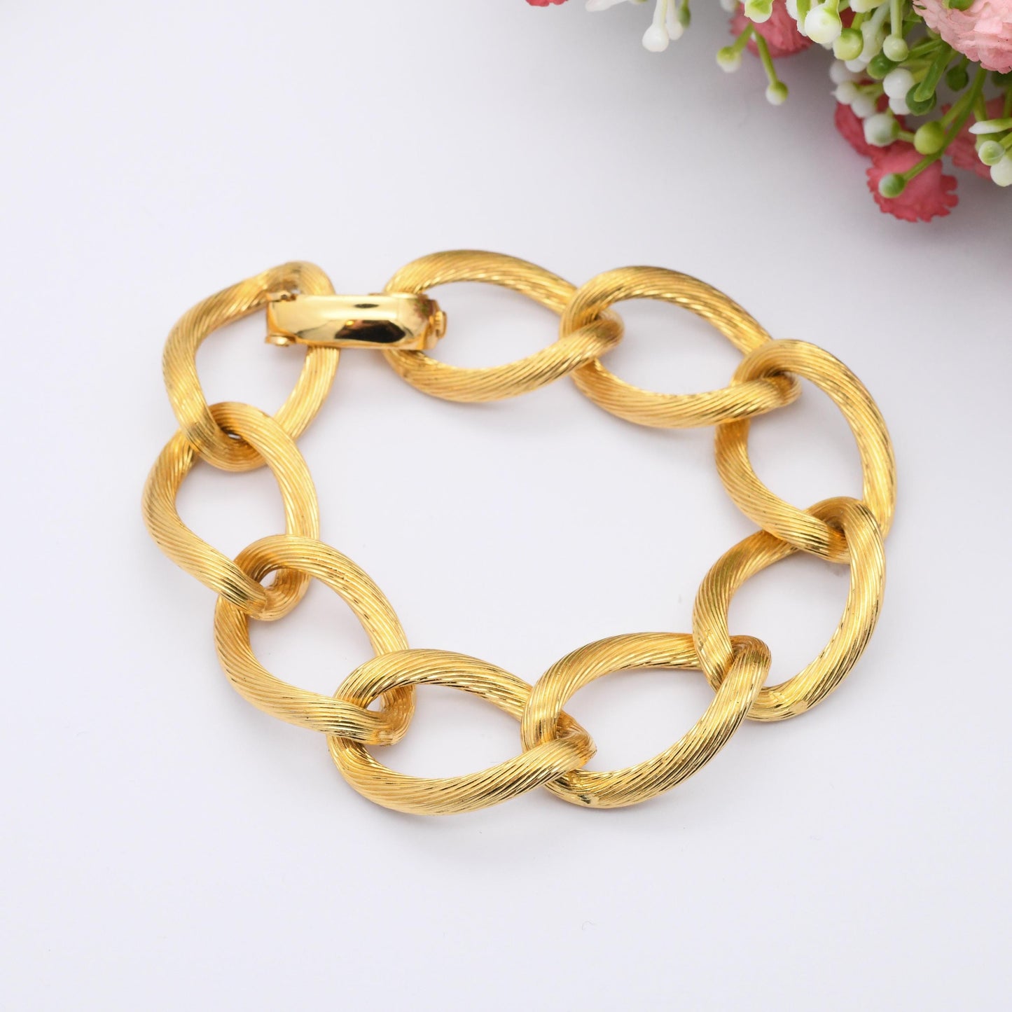 Christian Dior Bracelet Vintage Chain Link Chunky Brushed Gold Tone - Designer Dior Germany Signed Jewellery | Fold Over Clasp | Ribbed Link