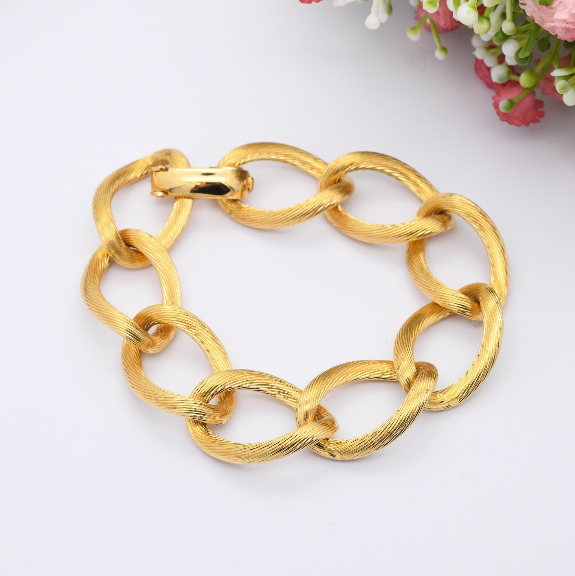 Christian Dior Bracelet Vintage Chain Link Chunky Brushed Gold Tone - Designer Dior Germany Signed Jewellery | Fold Over Clasp | Ribbed Link