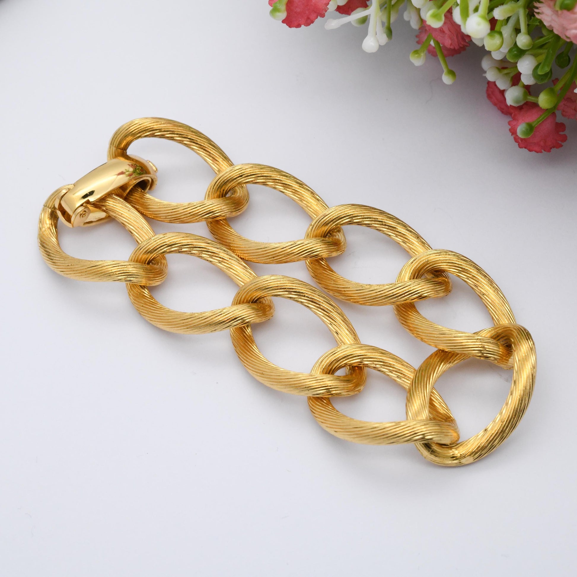 Christian Dior Bracelet Vintage Chain Link Chunky Brushed Gold Tone - Designer Dior Germany Signed Jewellery | Fold Over Clasp | Ribbed Link