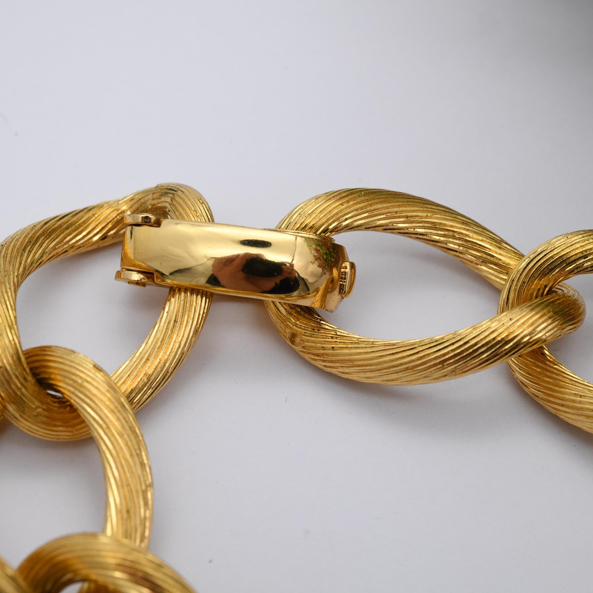 Christian Dior Bracelet Vintage Chain Link Chunky Brushed Gold Tone - Designer Dior Germany Signed Jewellery | Fold Over Clasp | Ribbed Link