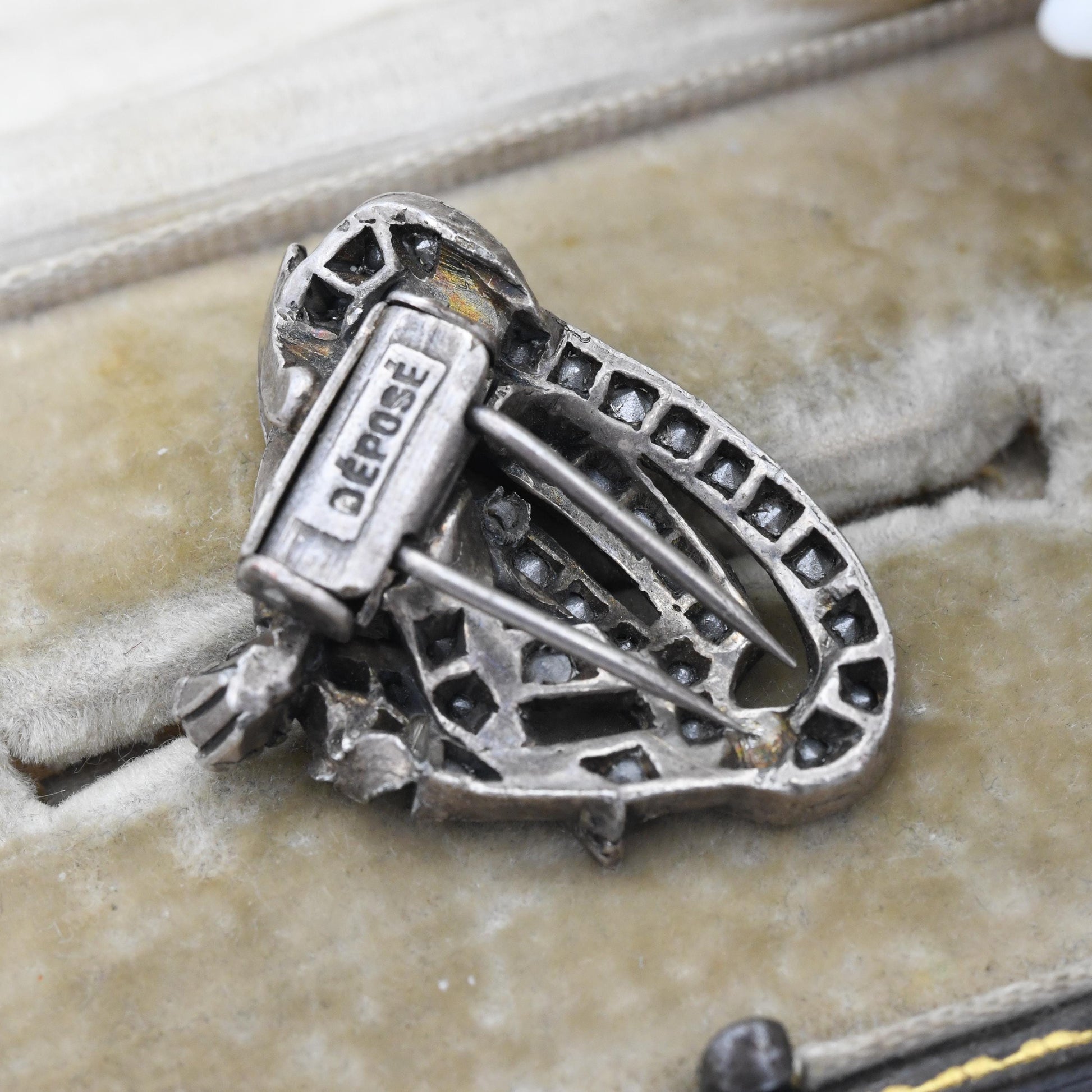 Vintage French Fur Clip with Clear Rhinestones - Depose Crystal Brooch c. 1950 | Harp Shaped | Milgrain Set Stones