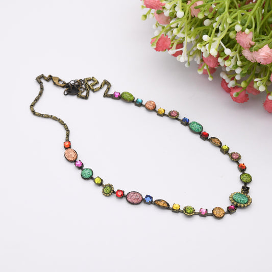 Vintage Butler and Wilson Necklace B&W Colourful Stones - Antiqued Brass Colour Rainbow Glitter | Branded Costume Jewellery