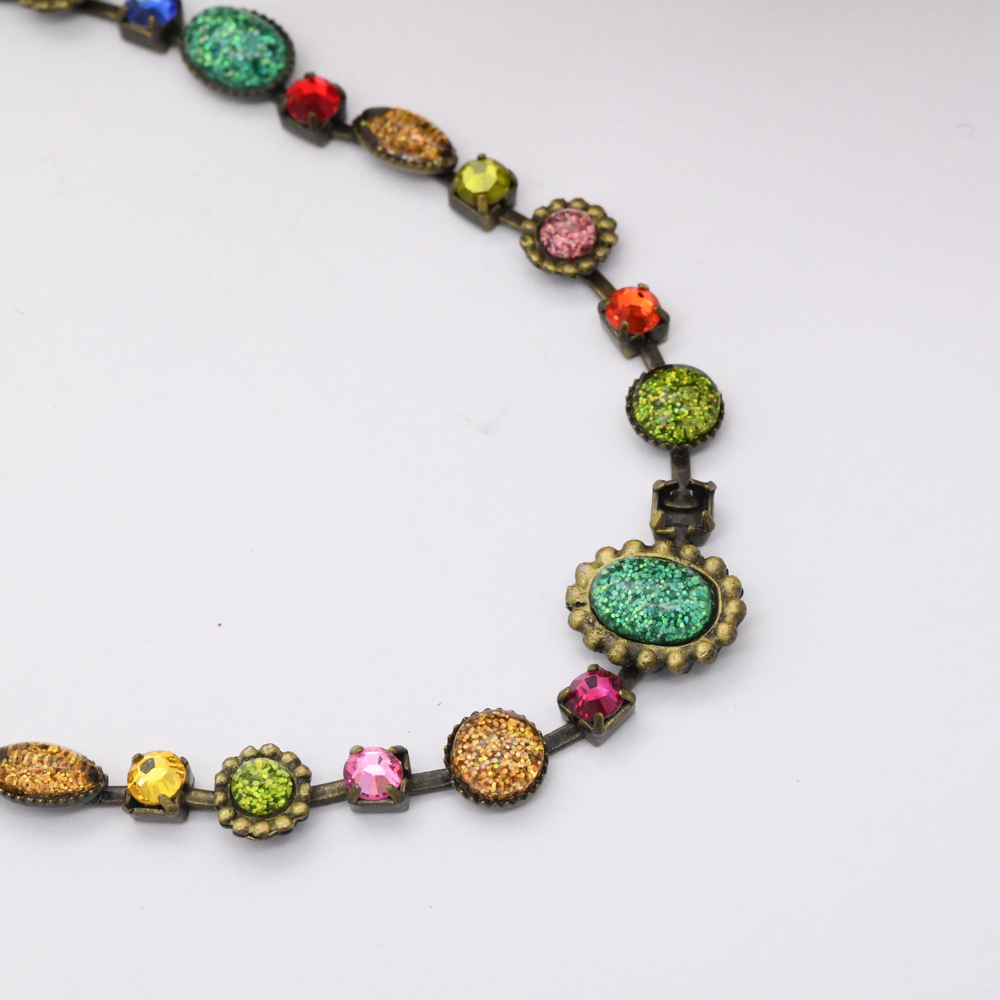 Vintage Butler and Wilson Necklace B&W Colourful Stones - Antiqued Brass Colour Rainbow Glitter | Branded Costume Jewellery