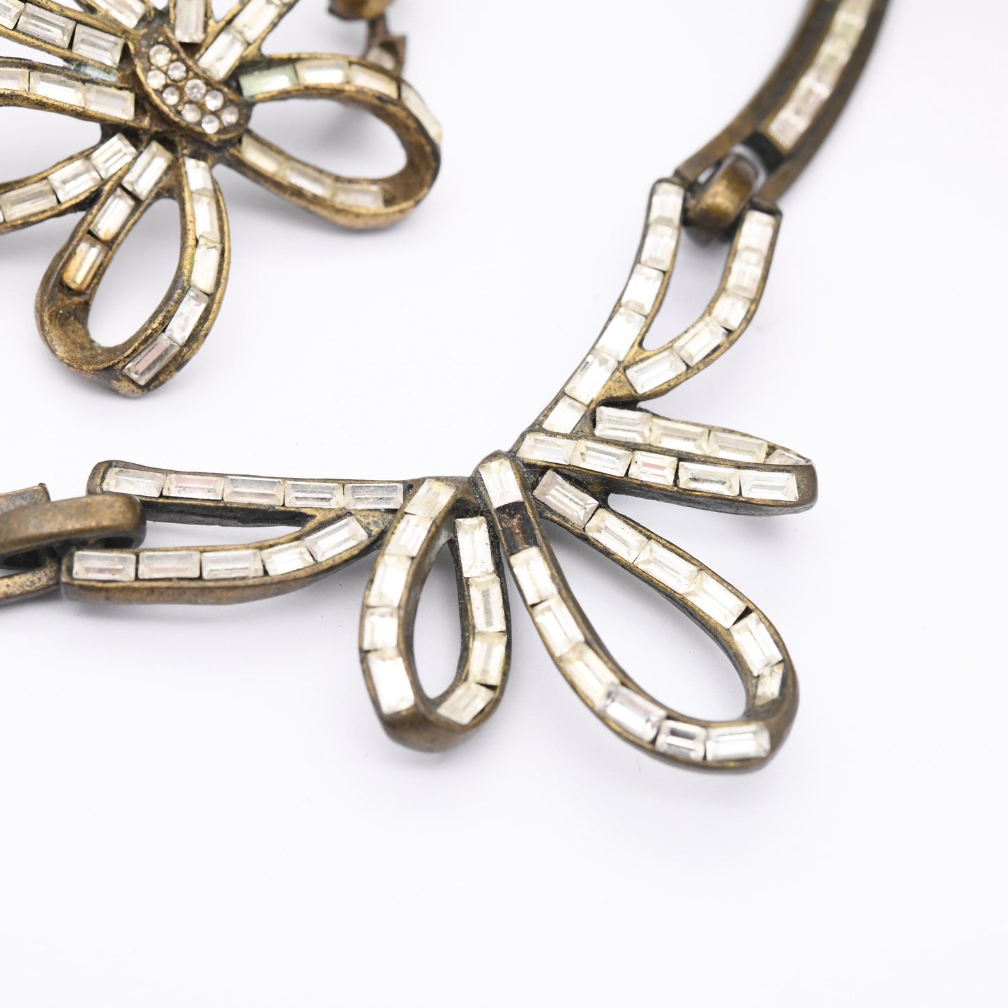 Vintage Sweet Romance USA Necklace and Bracelet Set with Ribbon Flower - Matching Costume Jewellery | Clear Stones | Antiqued Brass