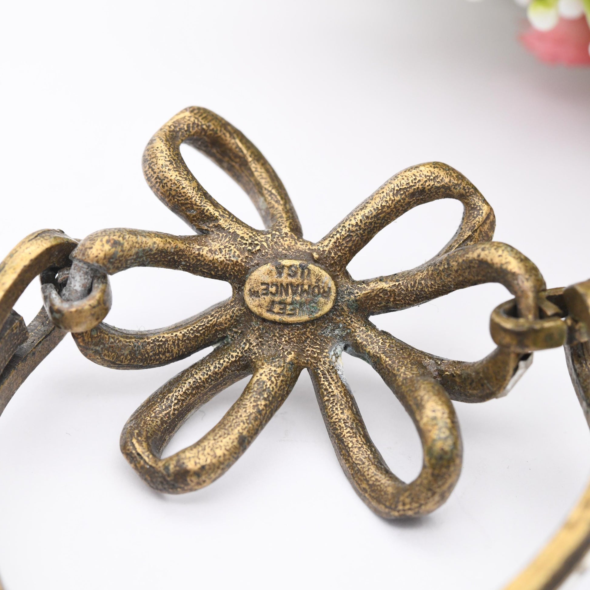 Vintage Sweet Romance USA Necklace and Bracelet Set with Ribbon Flower - Matching Costume Jewellery | Clear Stones | Antiqued Brass