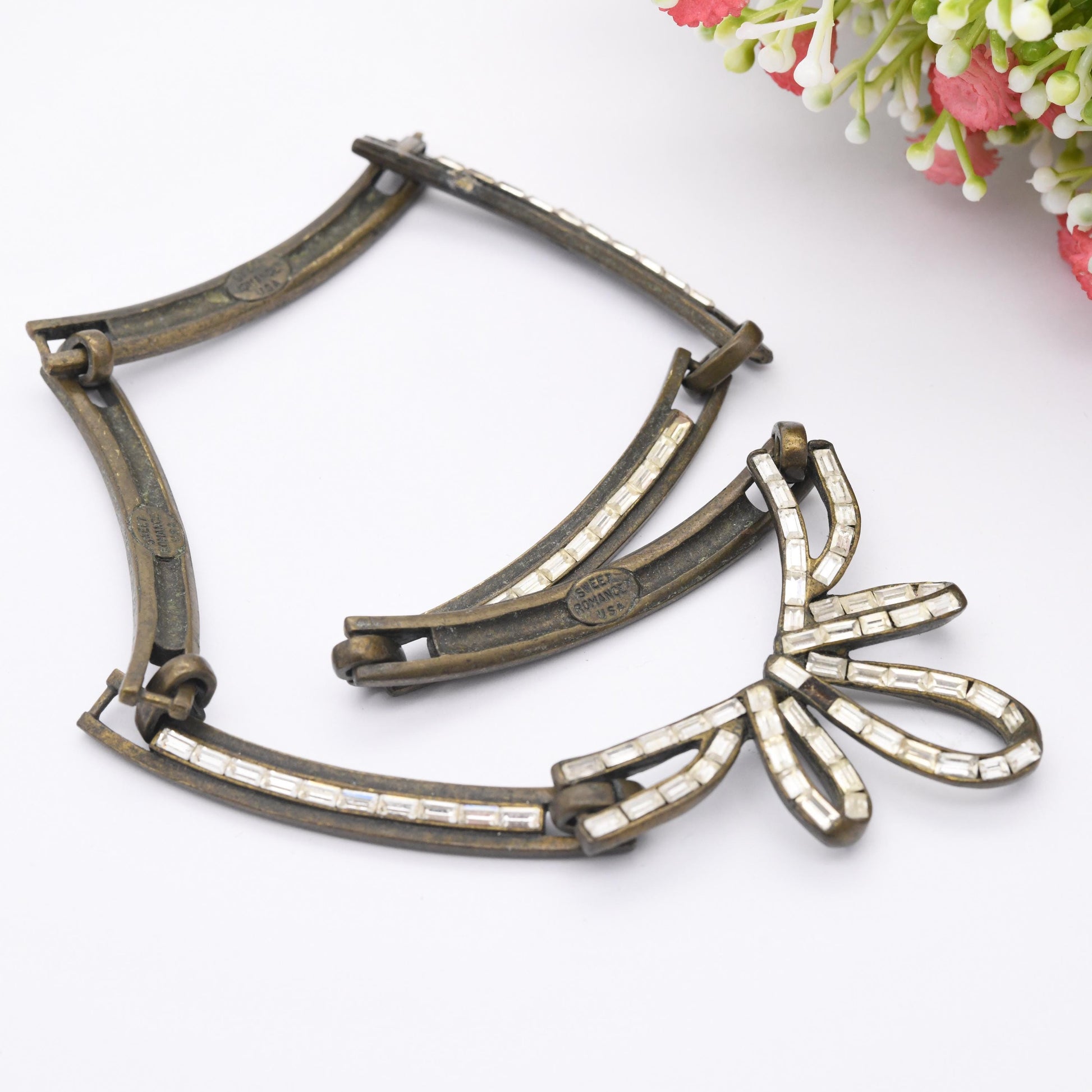 Vintage Sweet Romance USA Necklace and Bracelet Set with Ribbon Flower - Matching Costume Jewellery | Clear Stones | Antiqued Brass
