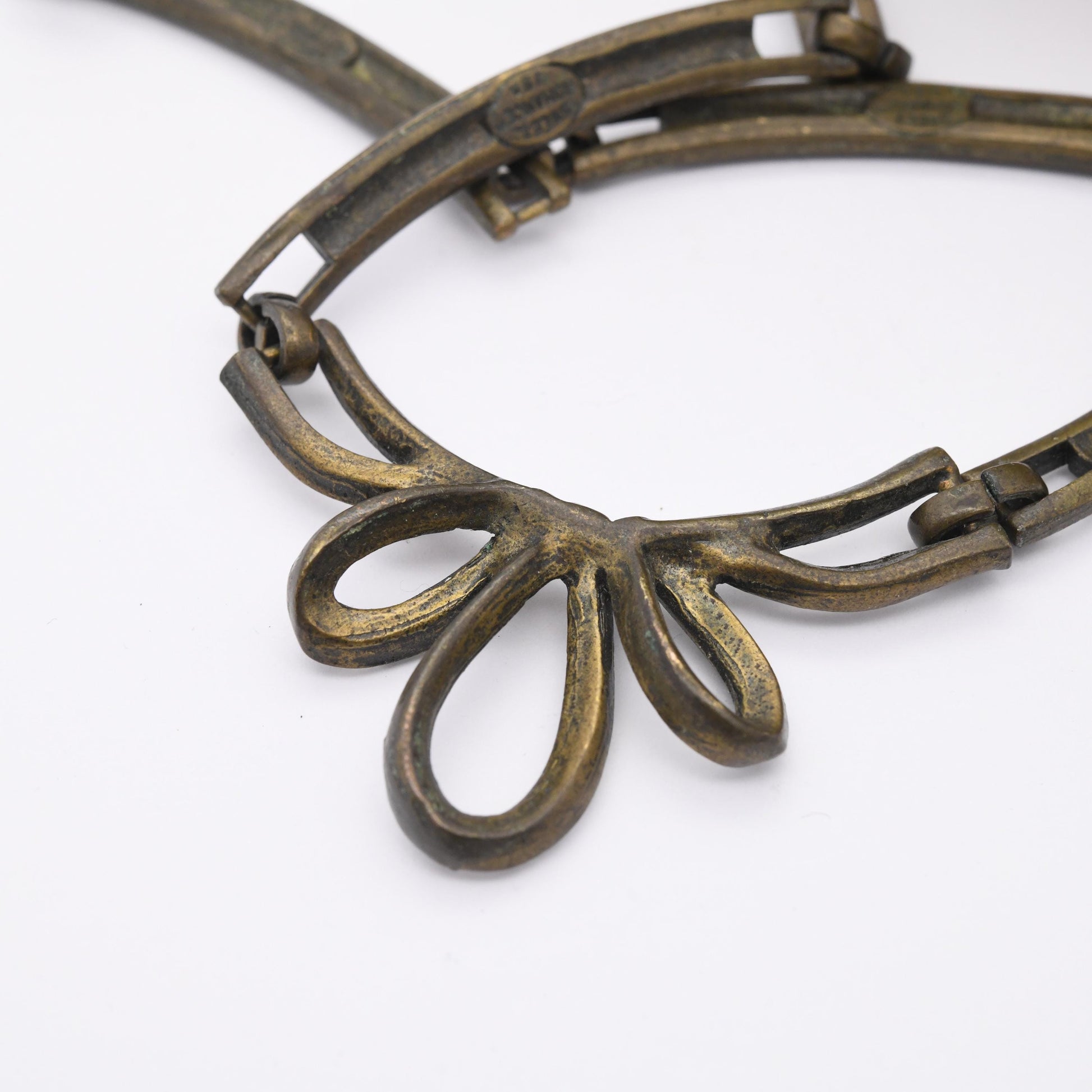Vintage Sweet Romance USA Necklace and Bracelet Set with Ribbon Flower - Matching Costume Jewellery | Clear Stones | Antiqued Brass