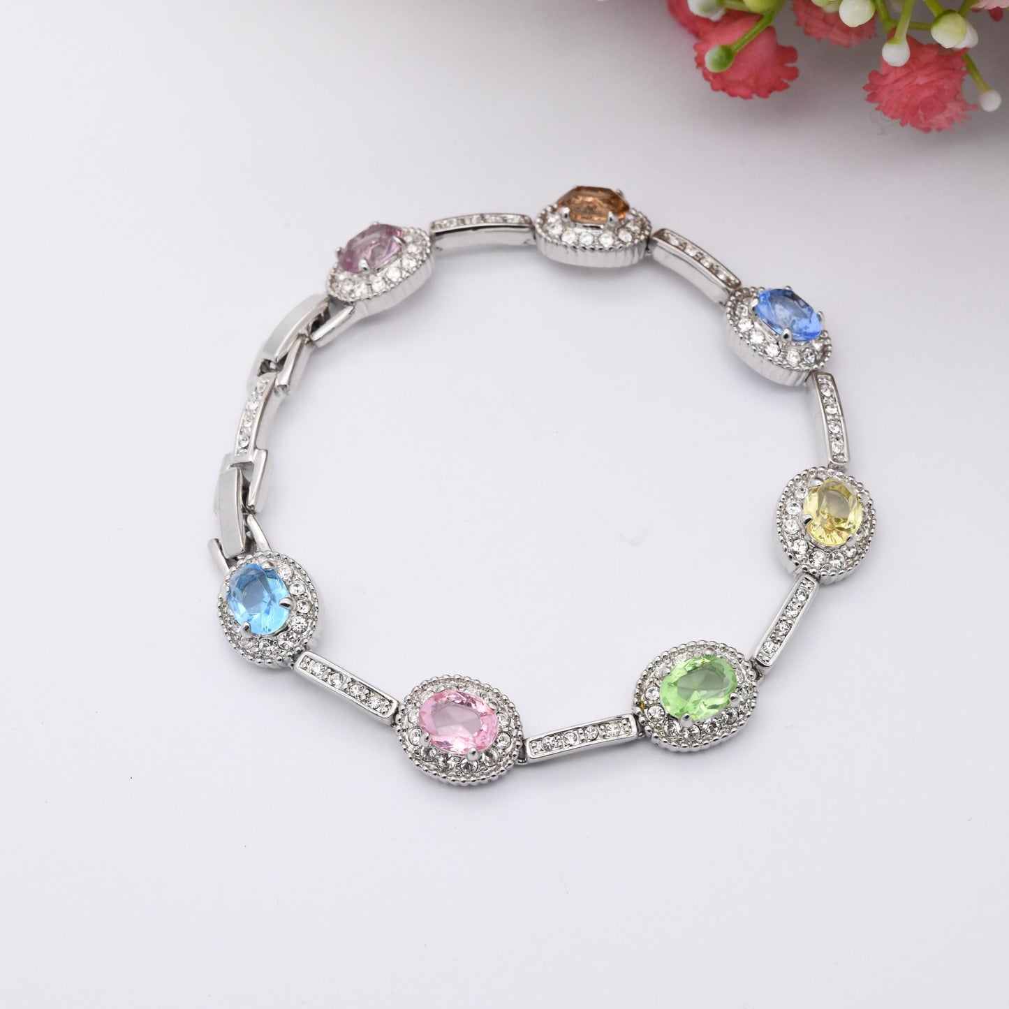Vintage Camrose & Kross JBK Multicolour Crystal Bracelet Jacqueline Bouvier Kennedy - Pastel Rainbow Swarovski Crystals | Platinum Plated