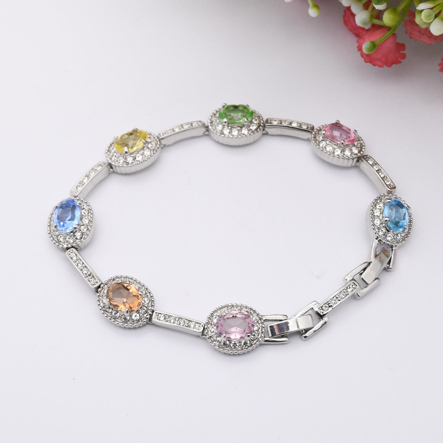 Vintage Camrose & Kross JBK Multicolour Crystal Bracelet Jacqueline Bouvier Kennedy - Pastel Rainbow Swarovski Crystals | Platinum Plated