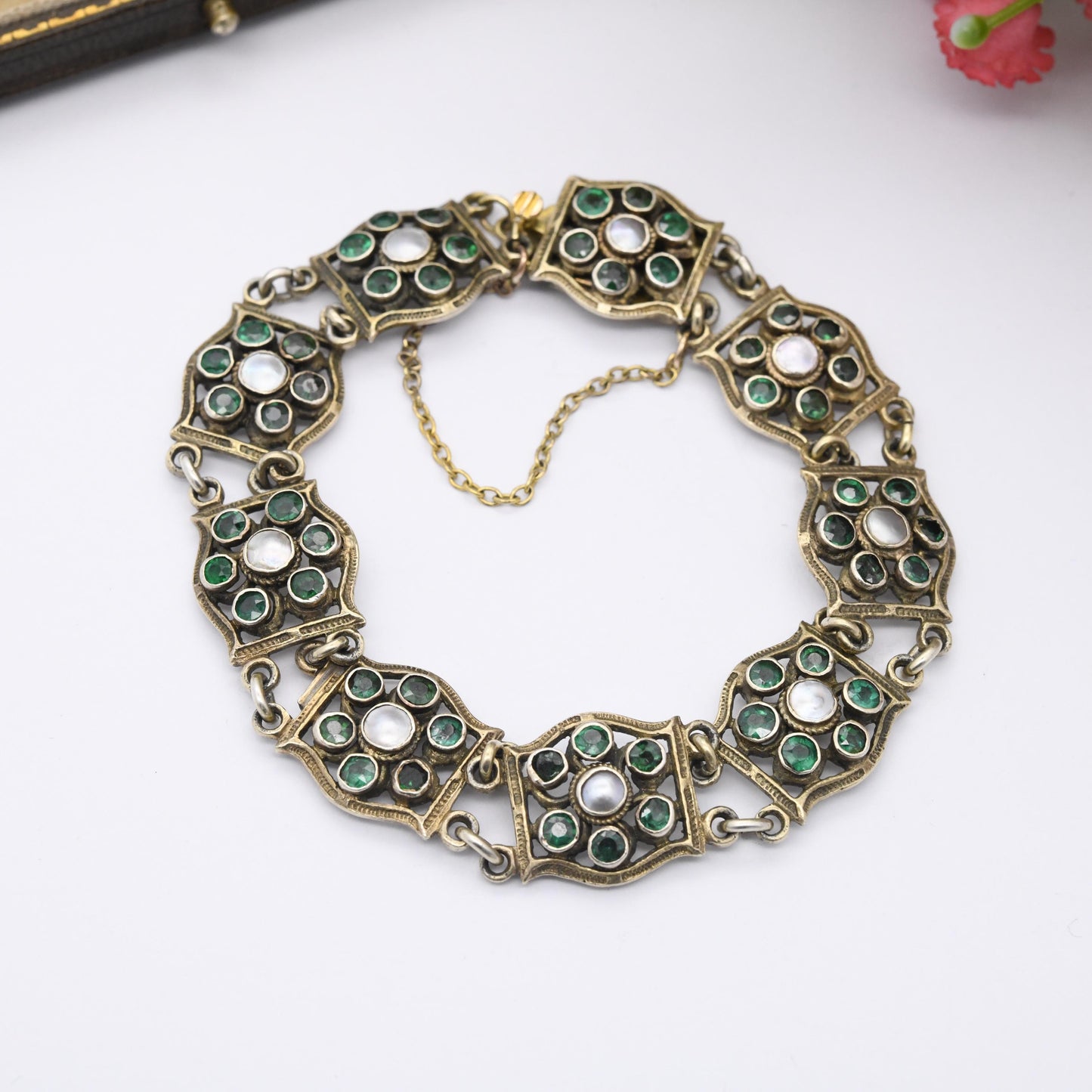 Antique Austro-Hungarian Silver Gilt Panel Bracelet with Green Stones and Blister Pearls c. 1900 - Length 7"