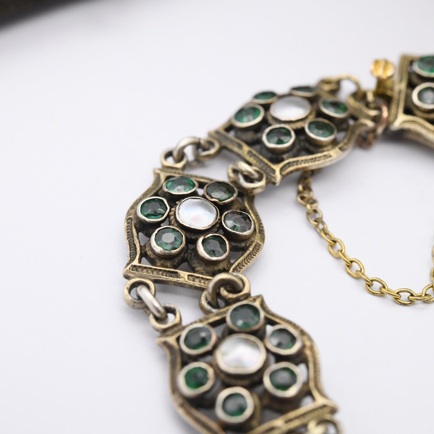 Antique Austro-Hungarian Silver Gilt Panel Bracelet with Green Stones and Blister Pearls c. 1900 - Length 7"