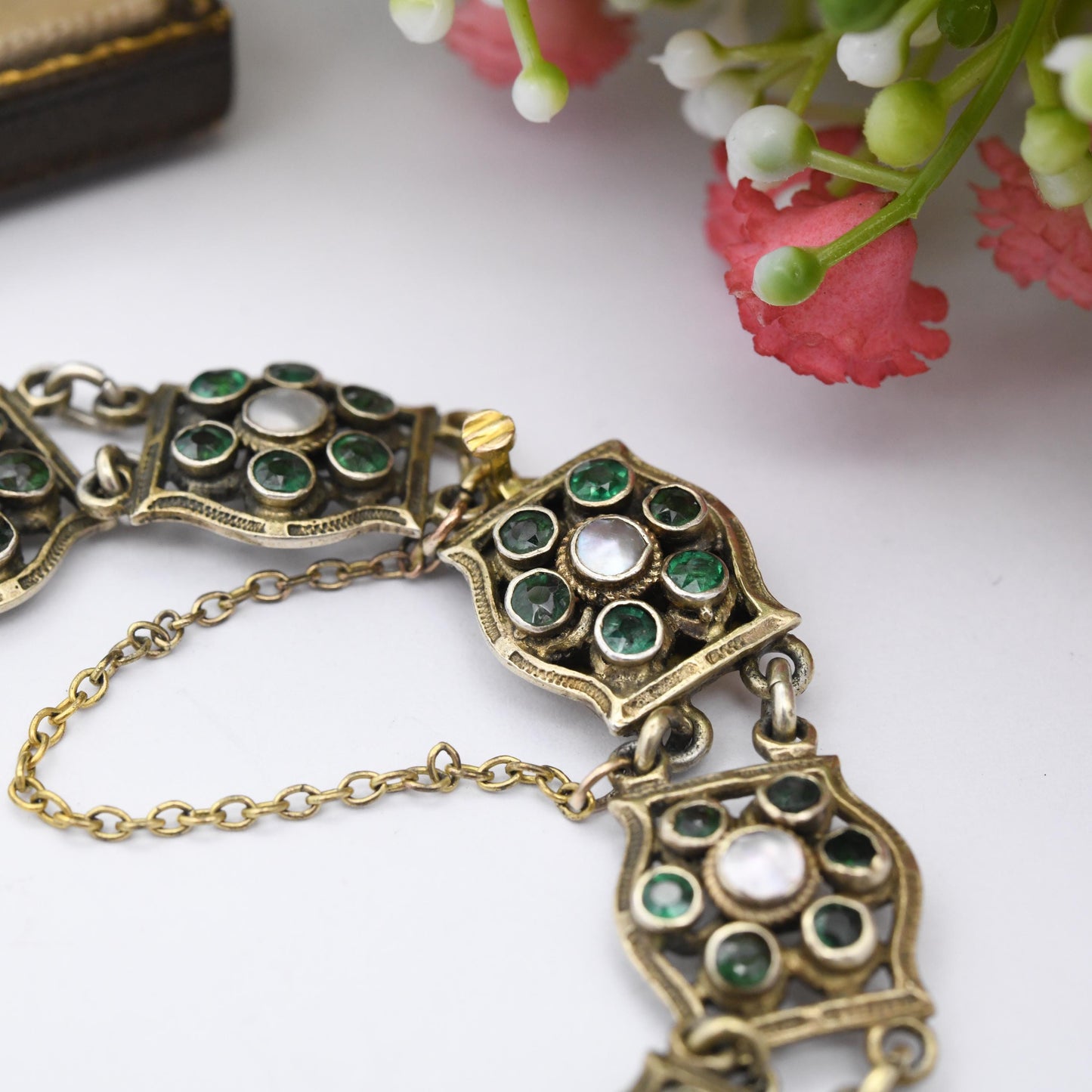Antique Austro-Hungarian Silver Gilt Panel Bracelet with Green Stones and Blister Pearls c. 1900 - Length 7"