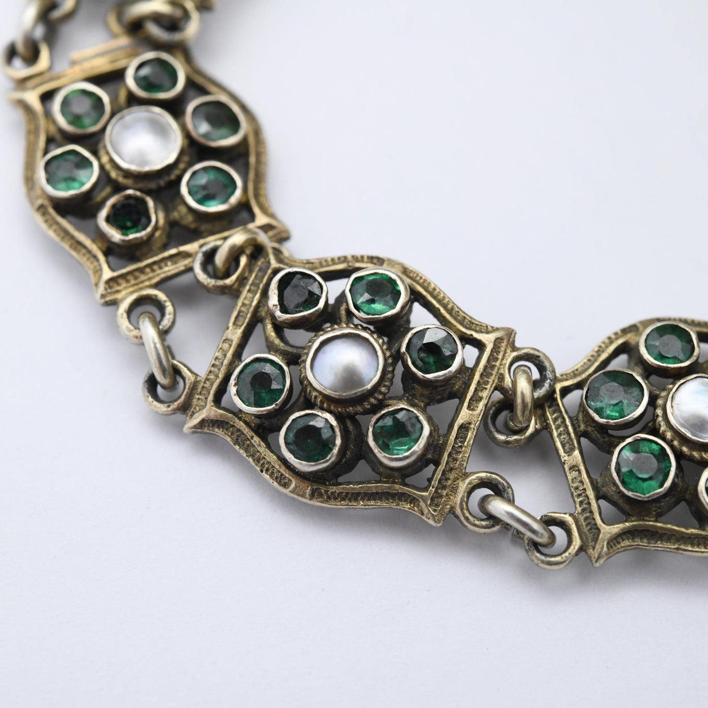 Antique Austro-Hungarian Silver Gilt Panel Bracelet with Green Stones and Blister Pearls c. 1900 - Length 7"