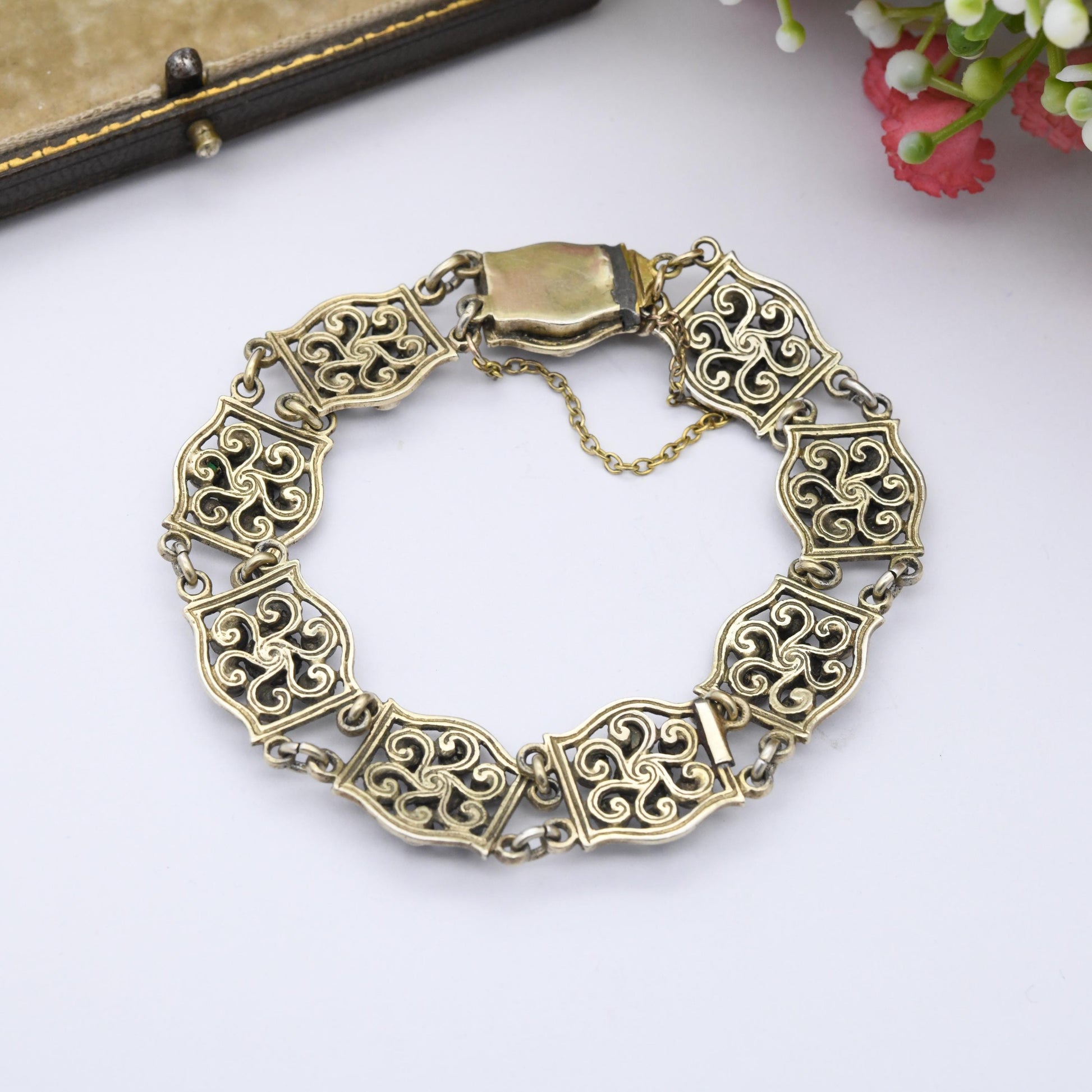 Antique Austro-Hungarian Silver Gilt Panel Bracelet with Green Stones and Blister Pearls c. 1900 - Length 7"