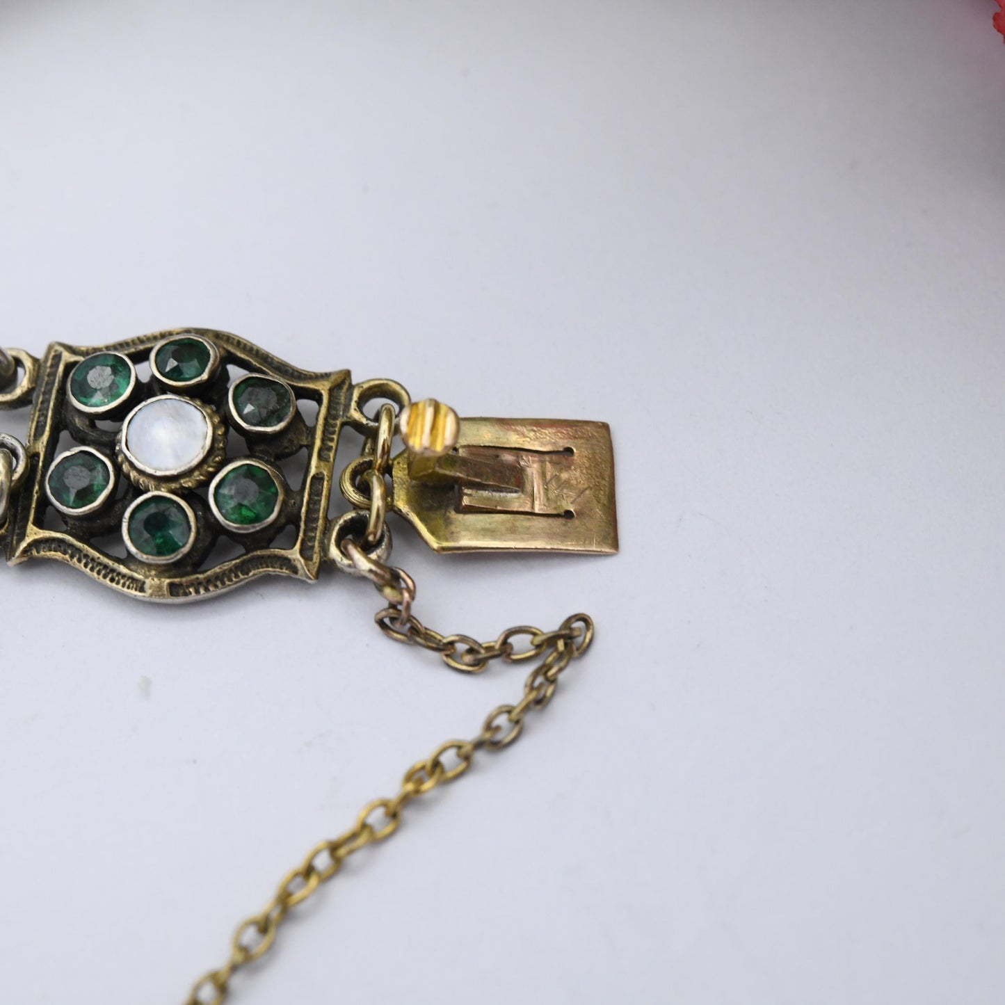 Antique Austro-Hungarian Silver Gilt Panel Bracelet with Green Stones and Blister Pearls c. 1900 - Length 7"