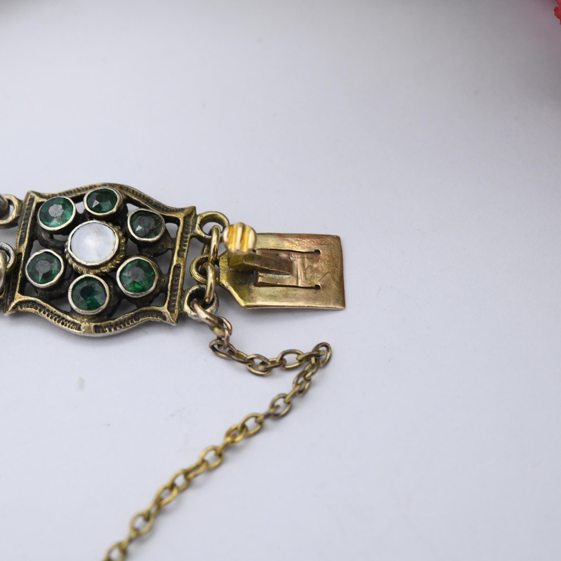Antique Austro-Hungarian Silver Gilt Panel Bracelet with Green Stones and Blister Pearls c. 1900 - Length 7"