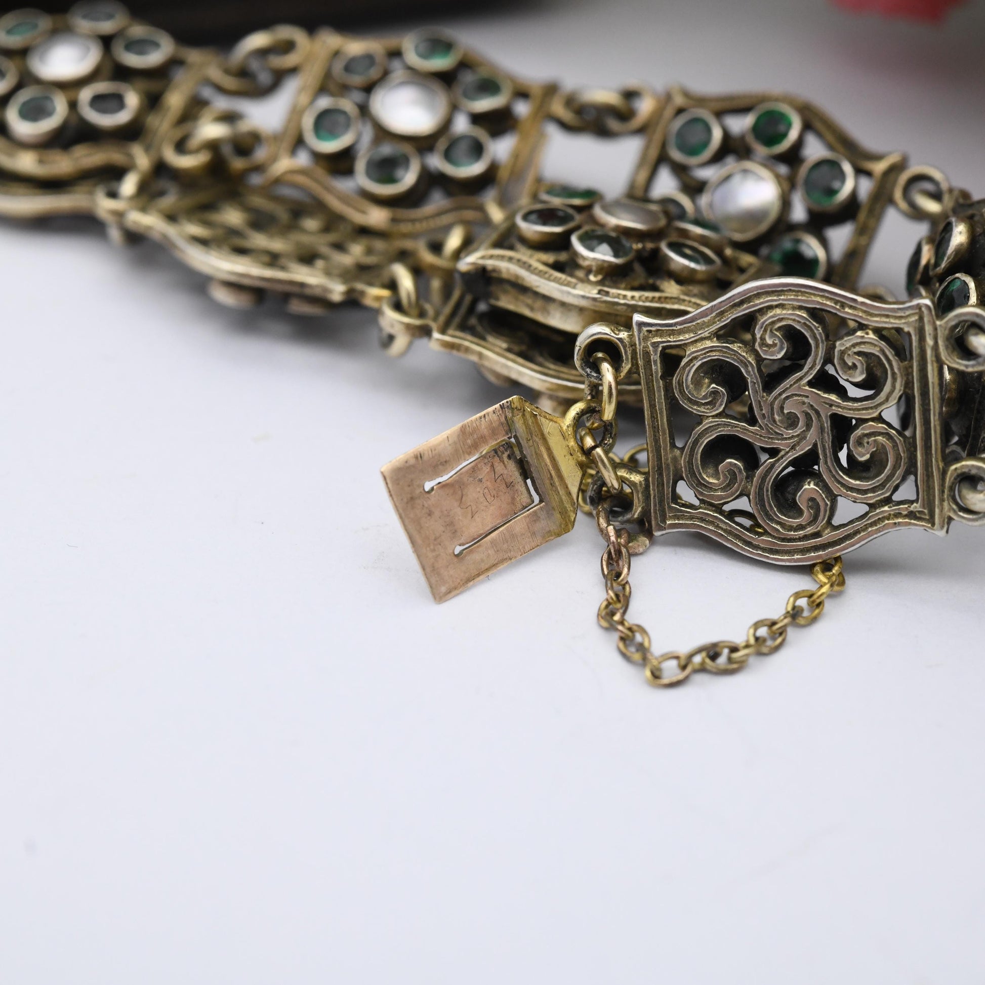 Antique Austro-Hungarian Silver Gilt Panel Bracelet with Green Stones and Blister Pearls c. 1900 - Length 7"