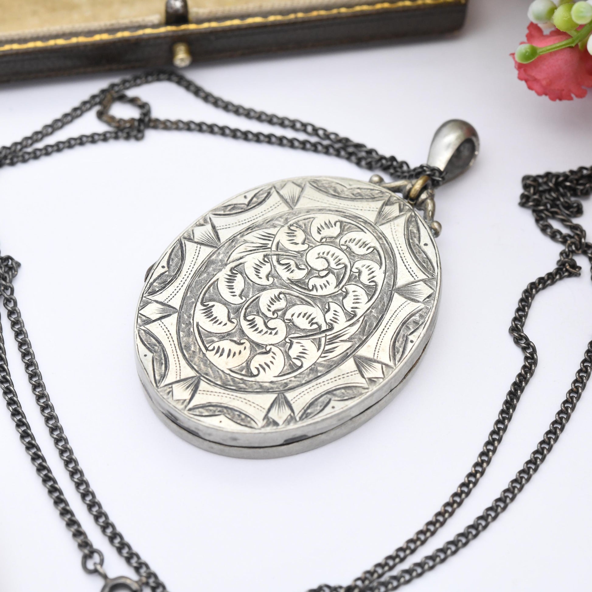 Antique Victorian Aesthetic Movement Locket on Sterling Silver Chain - Hand Engraved Scrolling Design Oval Pendant Necklace