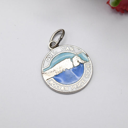 Vintage Silver Tone & Enamel Quebec Rocher Perce Rock Charm Pendant - Blue Enamel | Canadian Charm | Souvenir Gift for Charm Bracelet