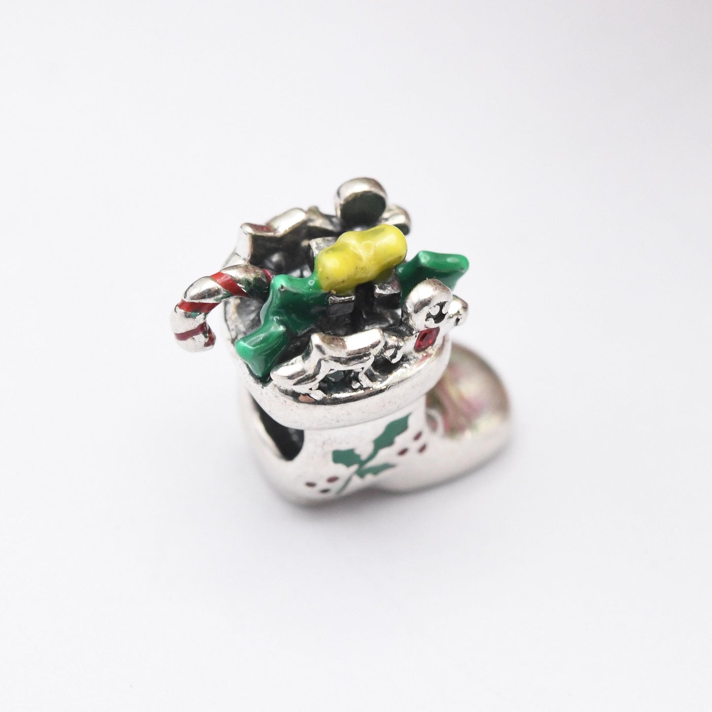 Vintage Chamilia Sterling Silver Christmas Stocking Charm Pendant - Candy Cane Boot | Green Holly | Red Stone | Xmas Gift for Charm Bracelet