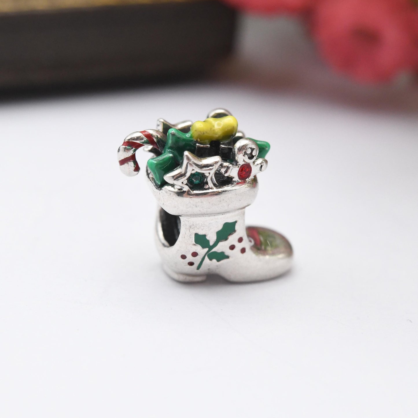 Vintage Chamilia Sterling Silver Christmas Stocking Charm Pendant - Candy Cane Boot | Green Holly | Red Stone | Xmas Gift for Charm Bracelet