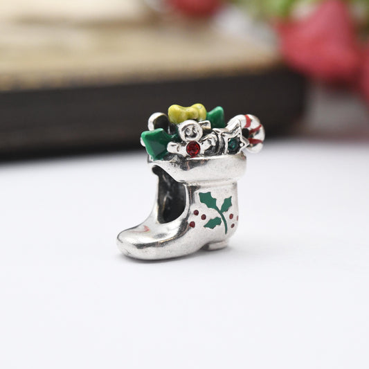Vintage Chamilia Sterling Silver Christmas Stocking Charm Pendant - Candy Cane Boot | Green Holly | Red Stone | Xmas Gift for Charm Bracelet