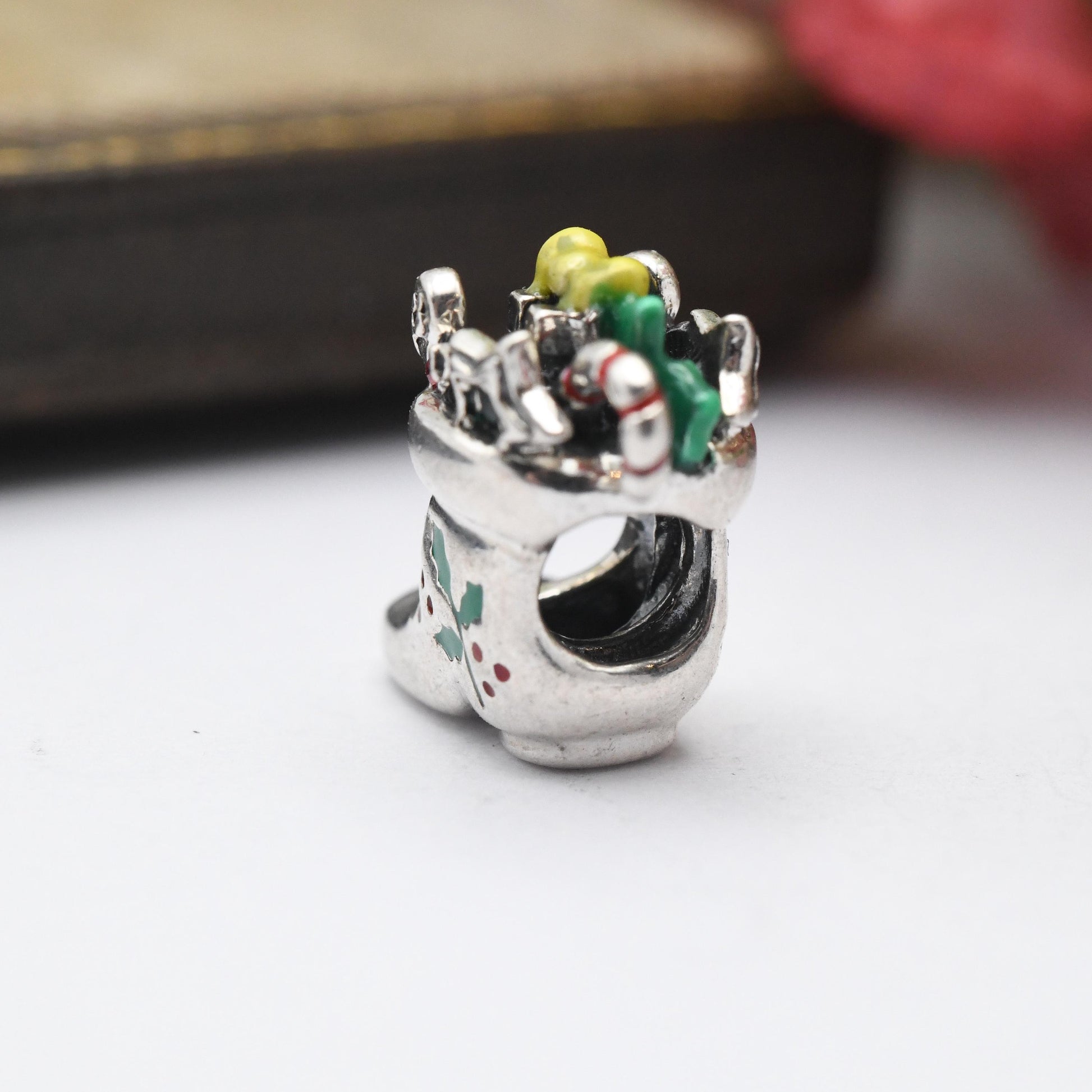 Vintage Chamilia Sterling Silver Christmas Stocking Charm Pendant - Candy Cane Boot | Green Holly | Red Stone | Xmas Gift for Charm Bracelet