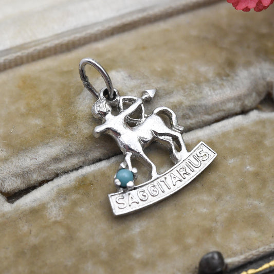 Vintage Sterling Silver and Small Blue Stone Sagittarius Charm Pendant - Astrology Zodiac Sign | November December | Gift for Charm Bracelet