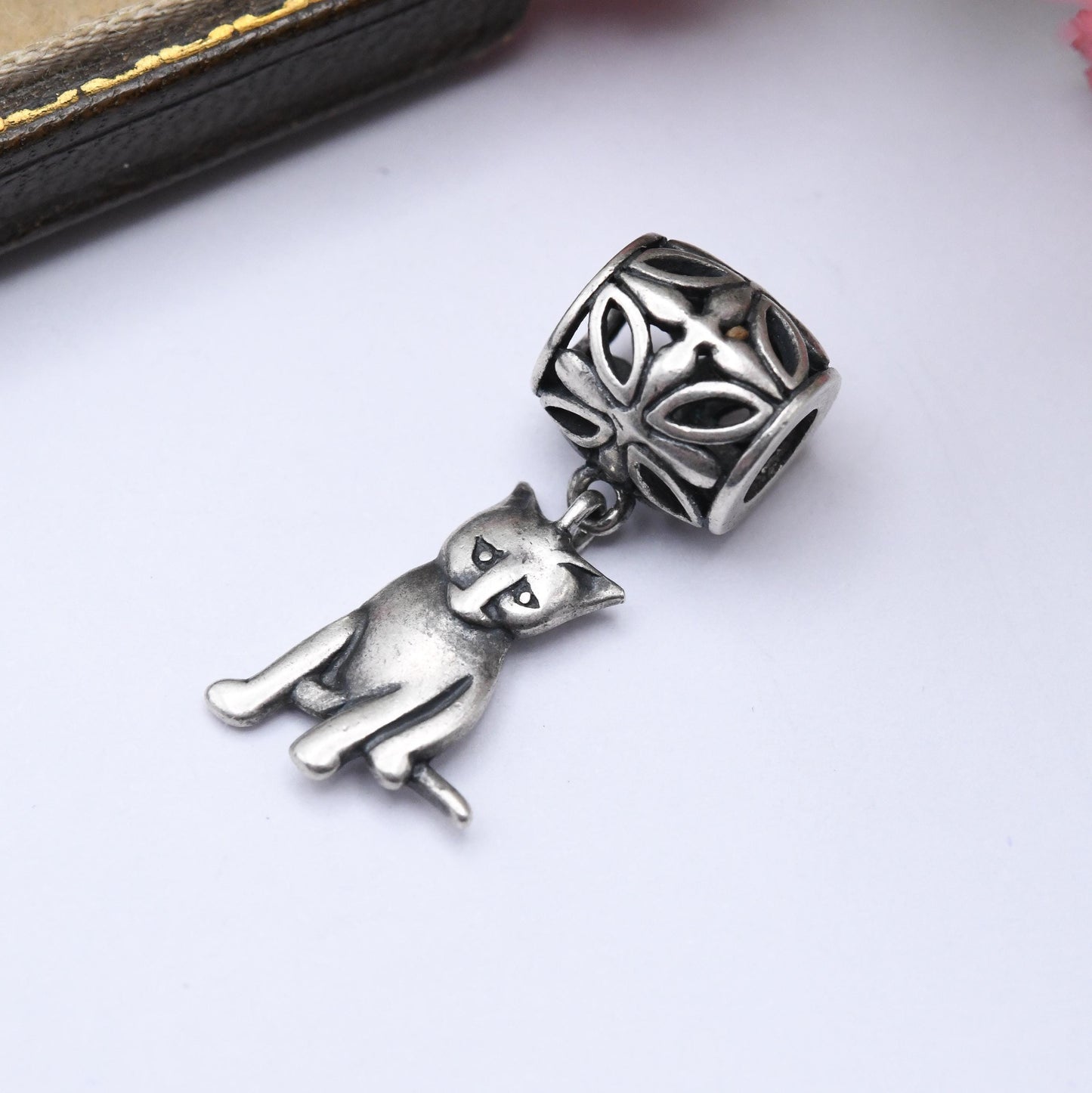 Vintage Sterling Silver Cat Charm Pendant with Floral Openwork Bale - Animal | Cat Lover | Souvenir Gift for Charm Bracelet