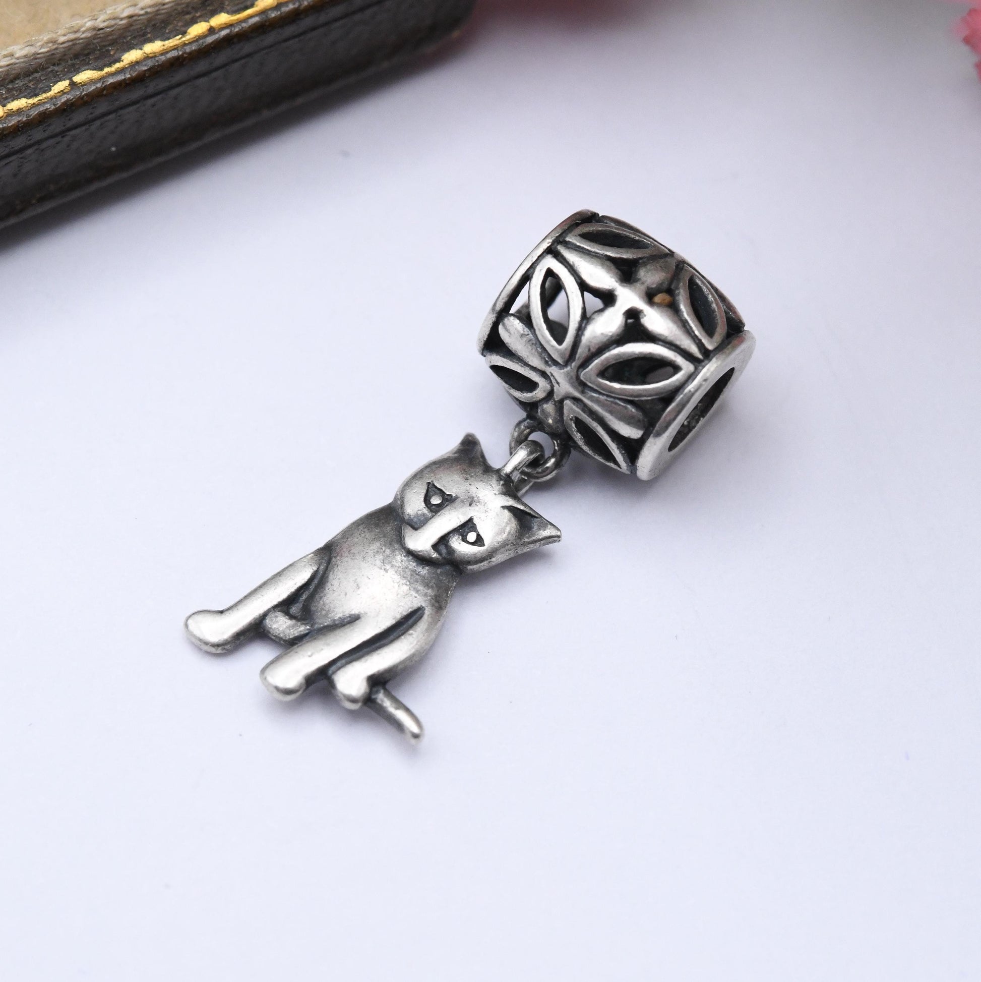 Vintage Sterling Silver Cat Charm Pendant with Floral Openwork Bale - Animal | Cat Lover | Souvenir Gift for Charm Bracelet