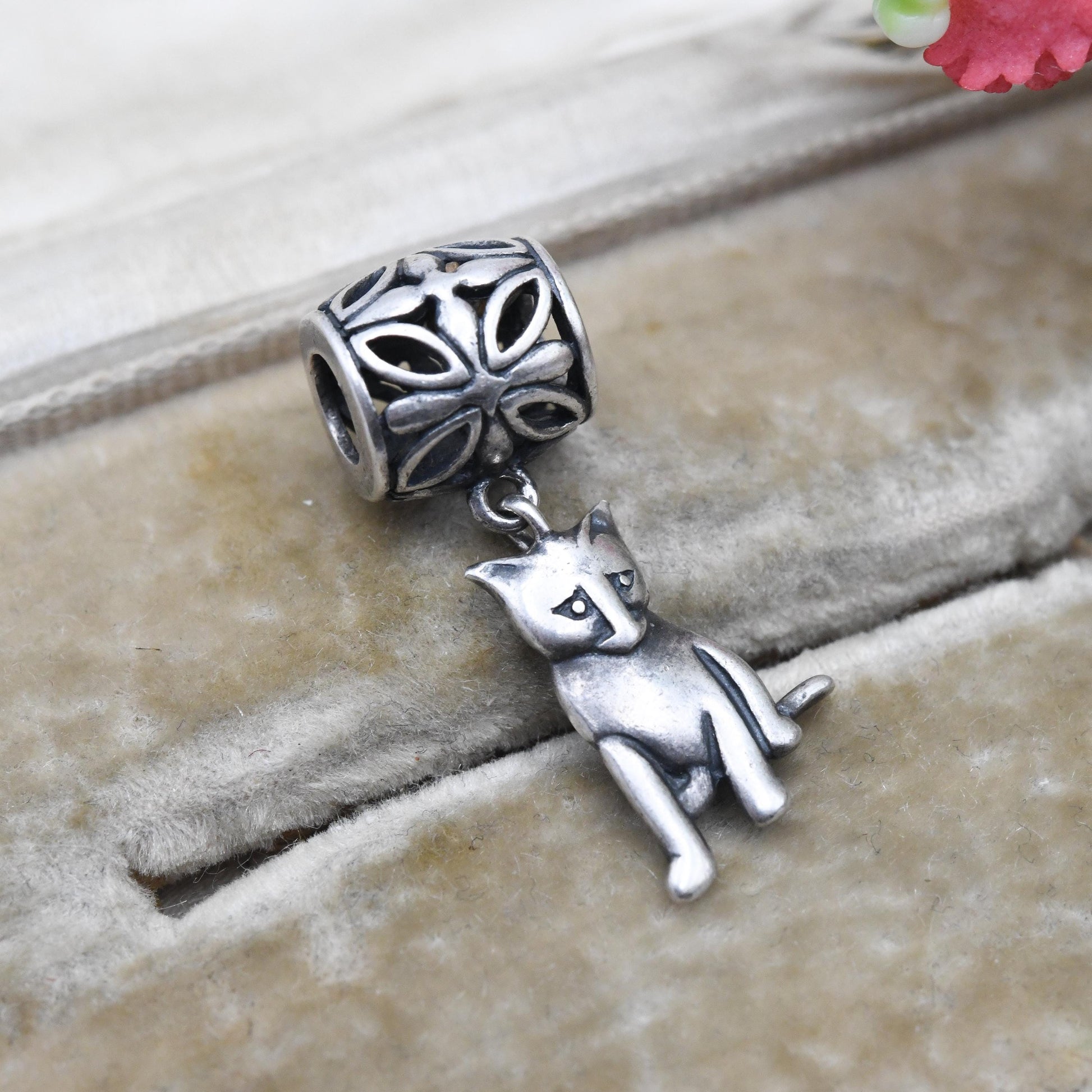 Vintage Sterling Silver Cat Charm Pendant with Floral Openwork Bale - Animal | Cat Lover | Souvenir Gift for Charm Bracelet