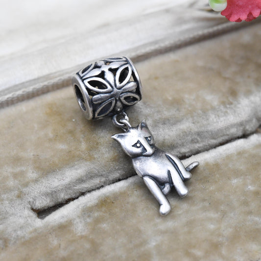 Vintage Sterling Silver Cat Charm Pendant with Floral Openwork Bale - Animal | Cat Lover | Souvenir Gift for Charm Bracelet