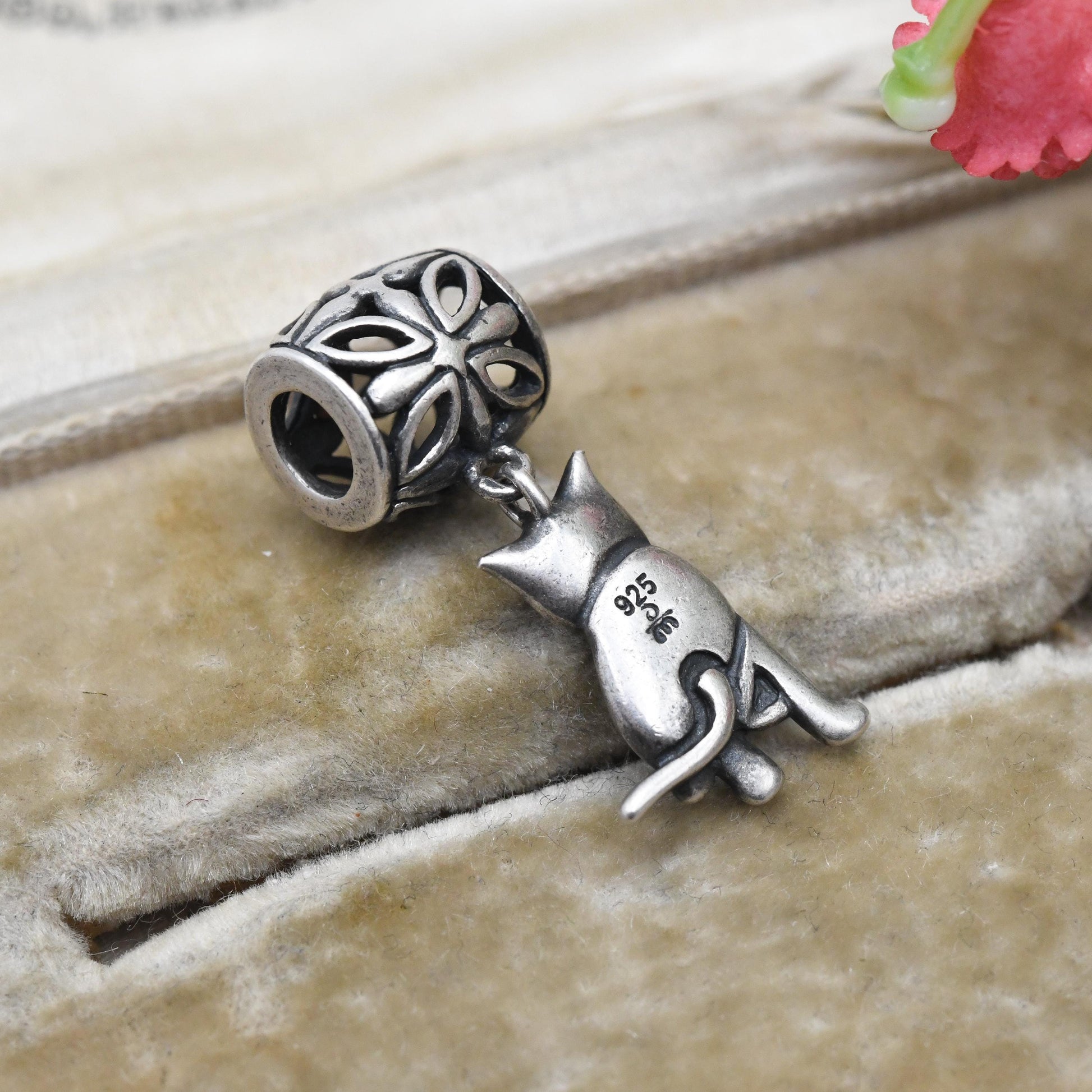 Vintage Sterling Silver Cat Charm Pendant with Floral Openwork Bale - Animal | Cat Lover | Souvenir Gift for Charm Bracelet