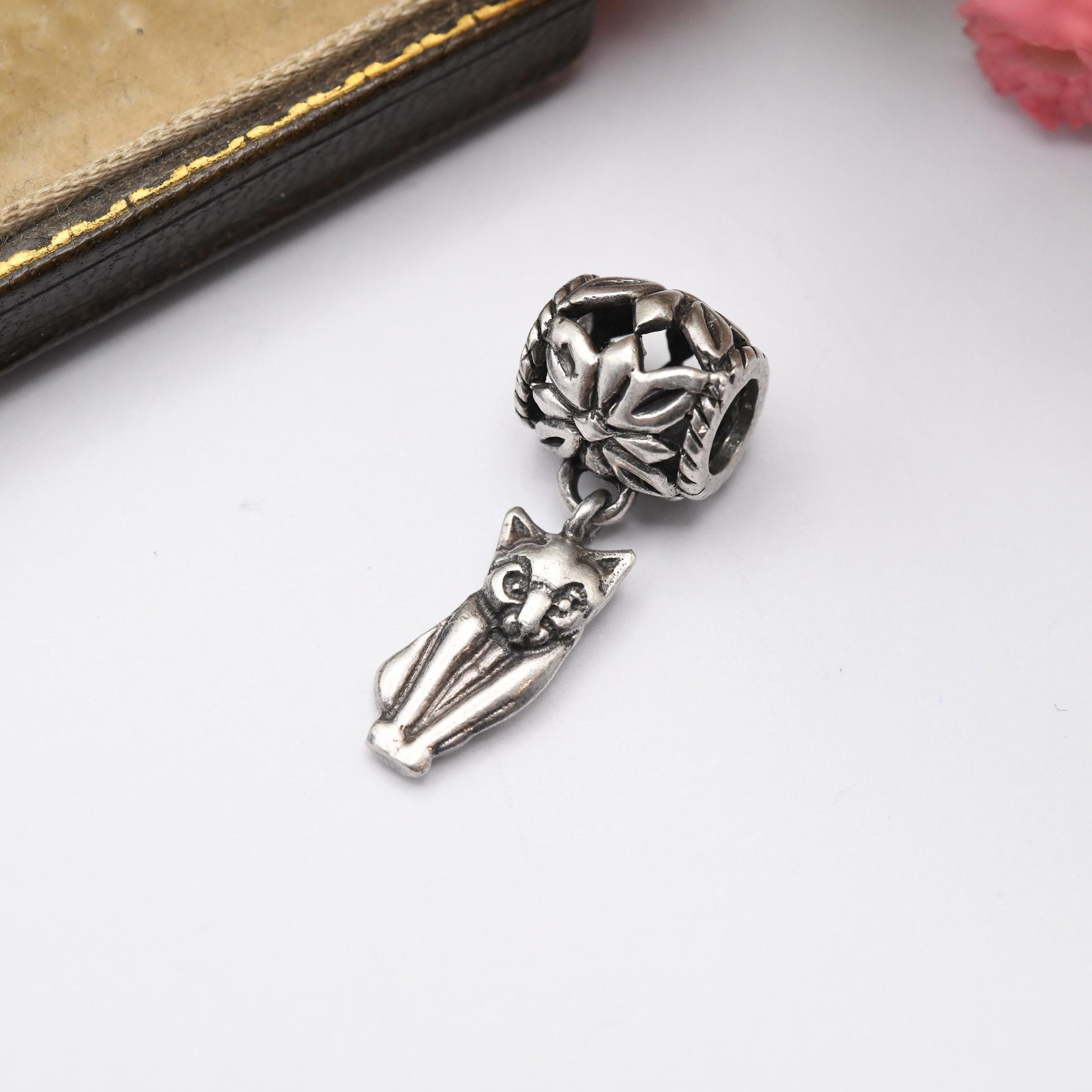 Vintage Sterling Silver Cat Charm Pendant with Floral Openwork Bale - Animal | Cat Lover | Souvenir Gift for Charm Bracelet