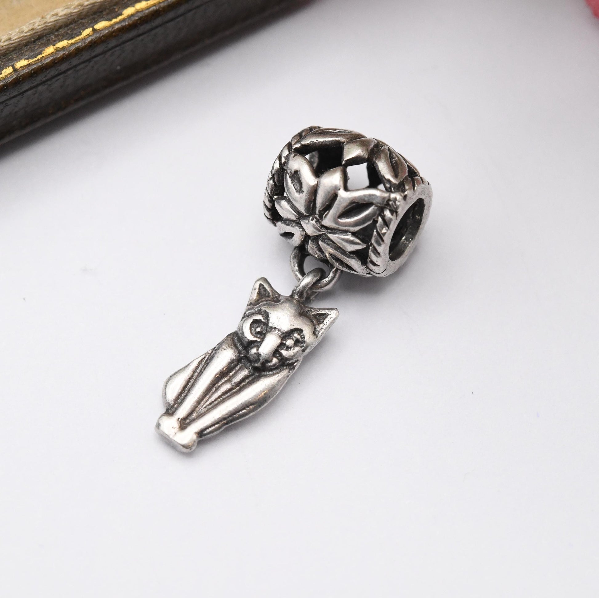 Vintage Sterling Silver Cat Charm Pendant with Floral Openwork Bale - Animal | Cat Lover | Souvenir Gift for Charm Bracelet