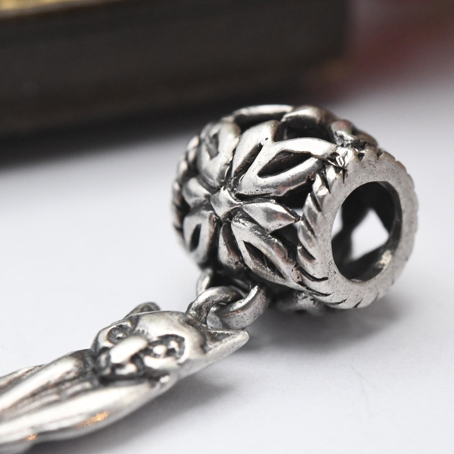 Vintage Sterling Silver Cat Charm Pendant with Floral Openwork Bale - Animal | Cat Lover | Souvenir Gift for Charm Bracelet