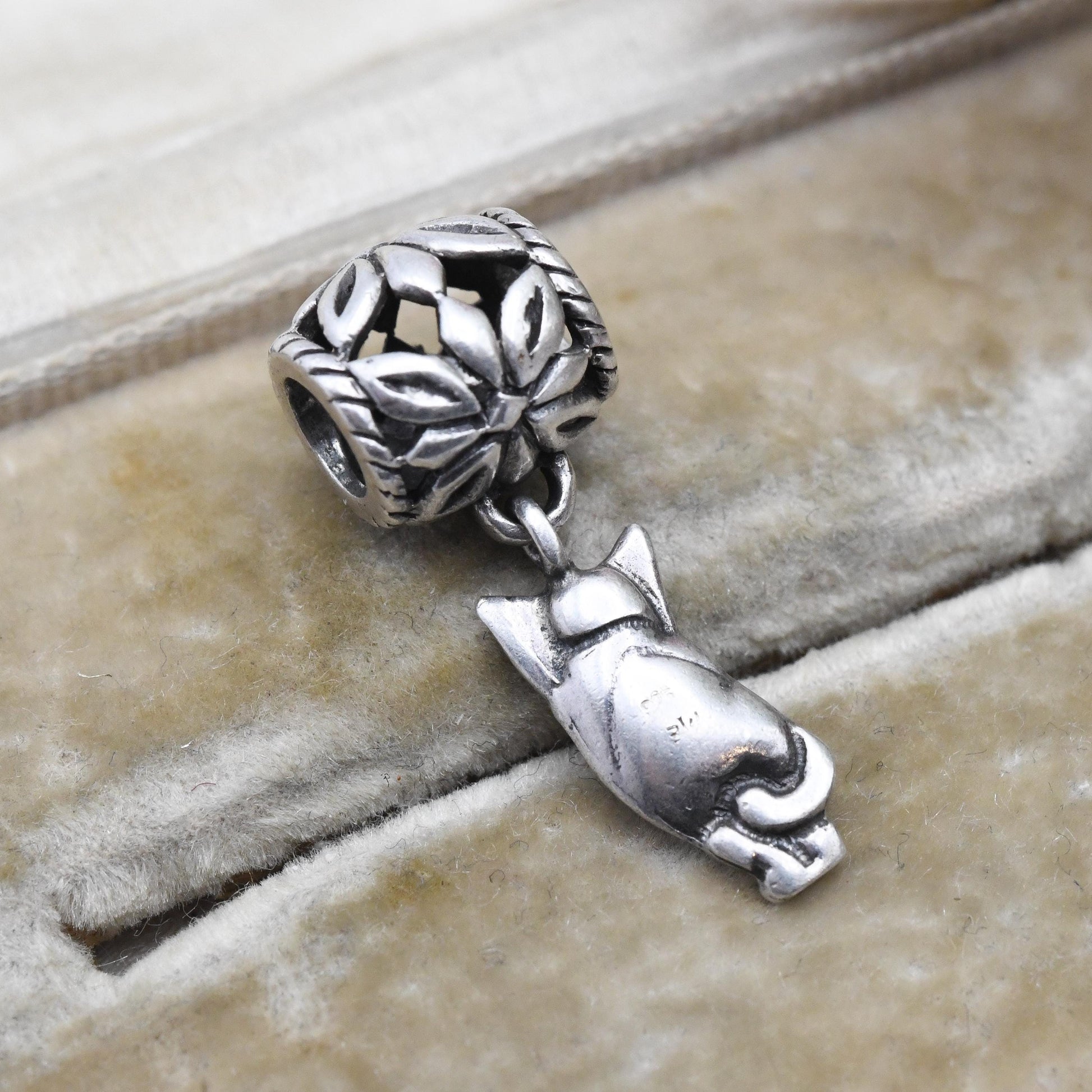 Vintage Sterling Silver Cat Charm Pendant with Floral Openwork Bale - Animal | Cat Lover | Souvenir Gift for Charm Bracelet