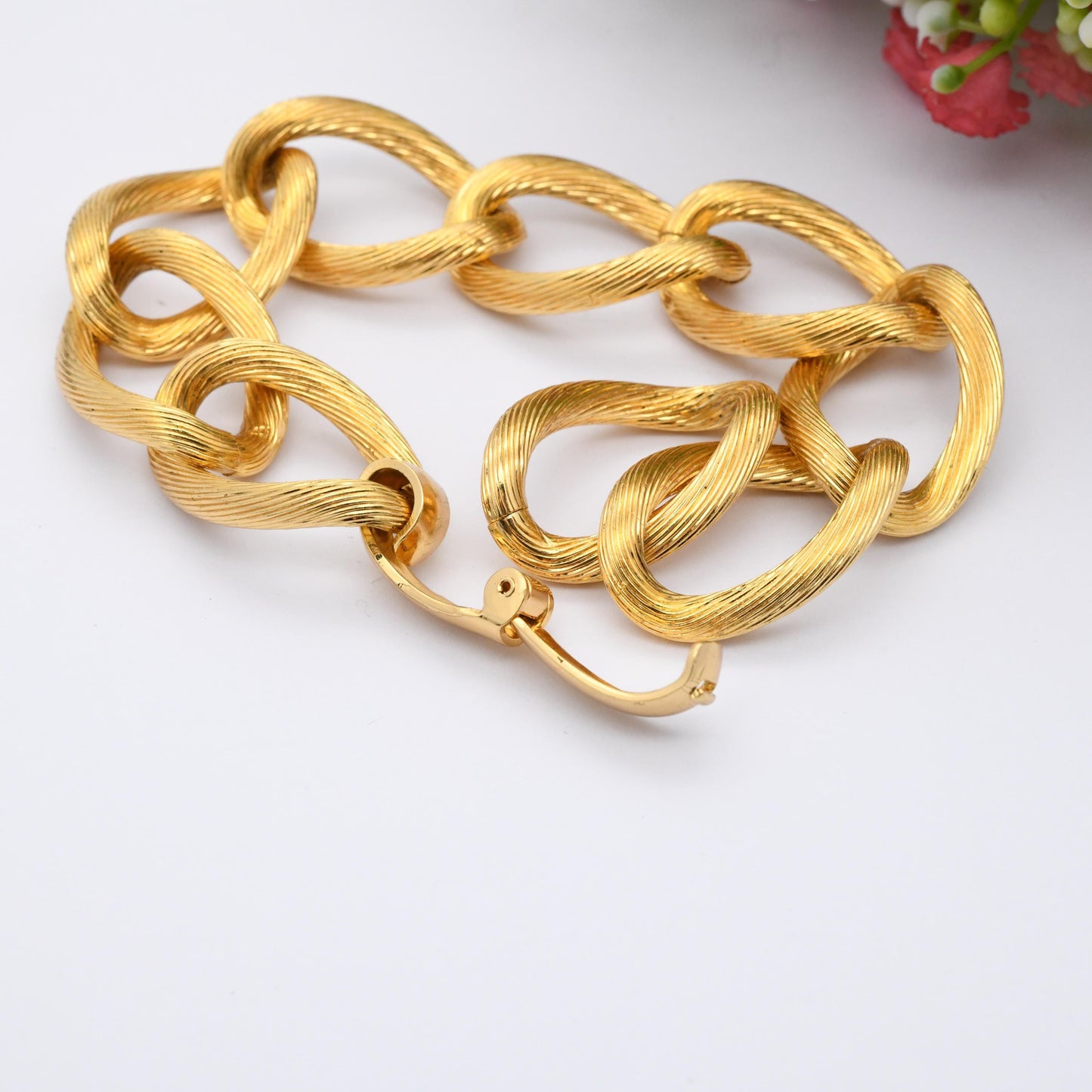 Christian Dior Bracelet Vintage Chain Link Chunky Brushed Gold Tone - Designer Dior Germany Signed Jewellery | Fold Over Clasp | Ribbed Link