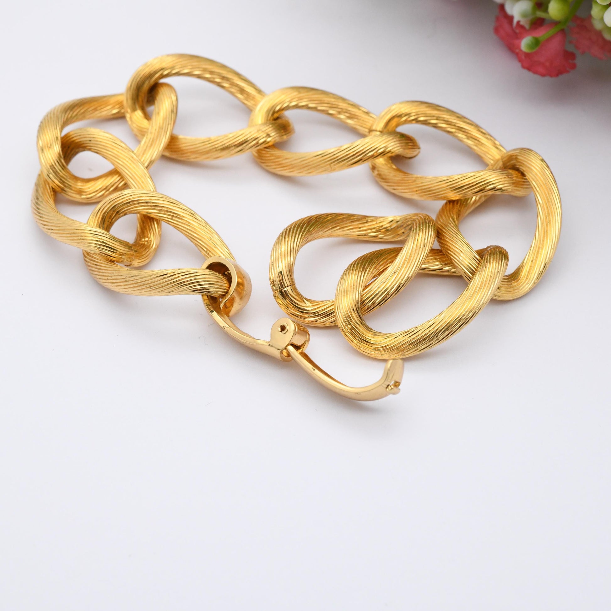 Christian Dior Bracelet Vintage Chain Link Chunky Brushed Gold Tone - Designer Dior Germany Signed Jewellery | Fold Over Clasp | Ribbed Link