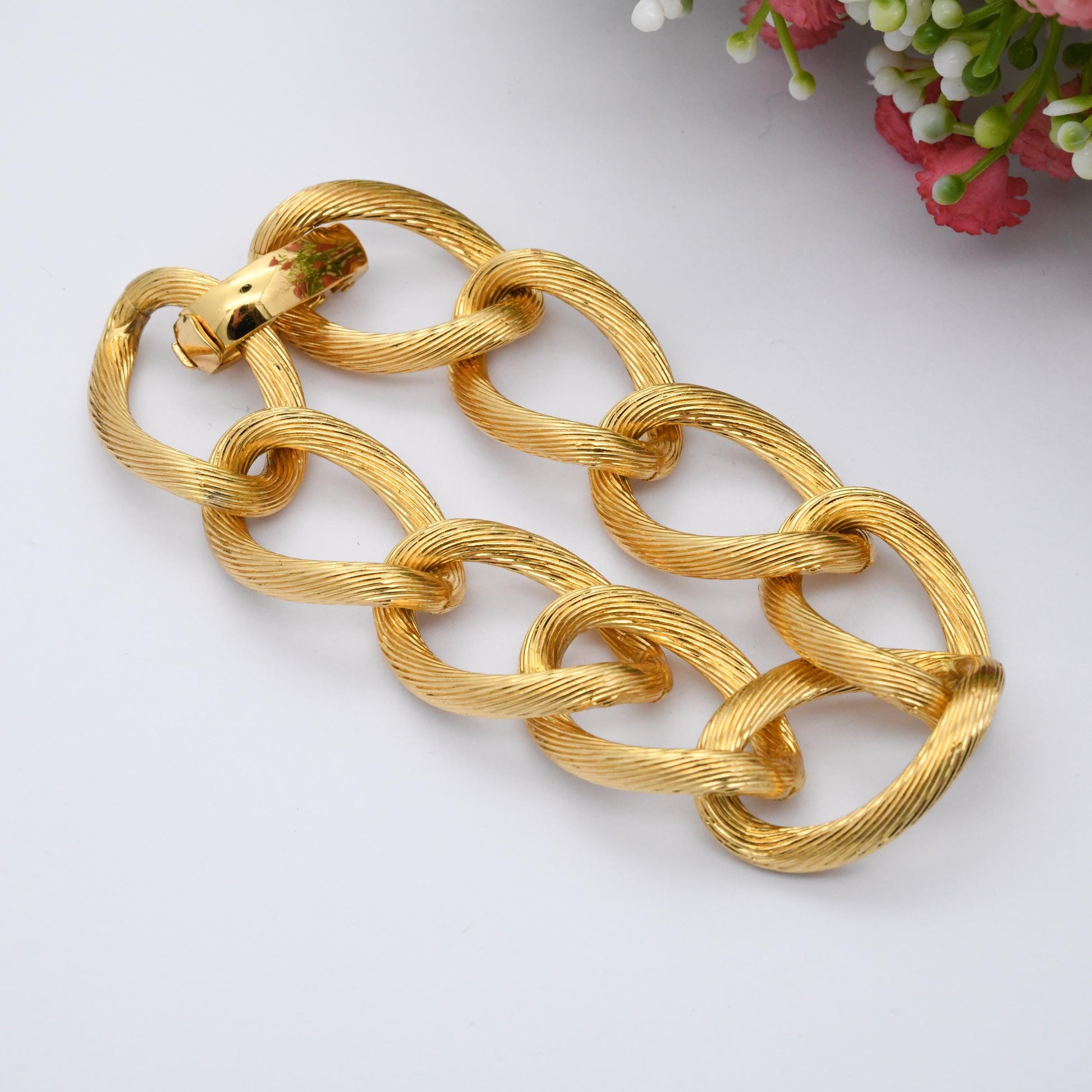 Christian Dior Bracelet Vintage Chain Link Chunky Brushed Gold Tone - Designer Dior Germany Signed Jewellery | Fold Over Clasp | Ribbed Link