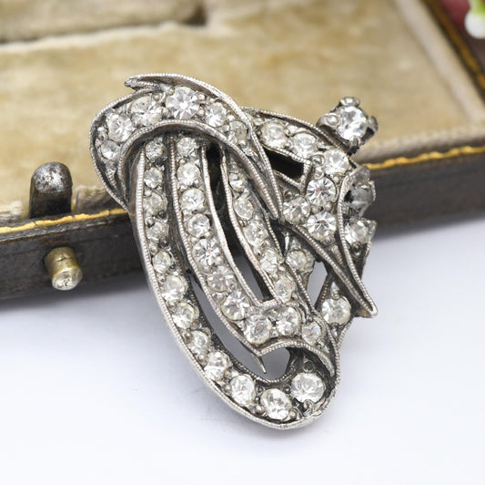 Vintage French Fur Clip with Clear Rhinestones - Depose Crystal Brooch c. 1950 | Harp Shaped | Milgrain Set Stones