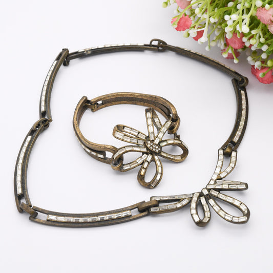 Vintage Sweet Romance USA Necklace and Bracelet Set with Ribbon Flower - Matching Costume Jewellery | Clear Stones | Antiqued Brass