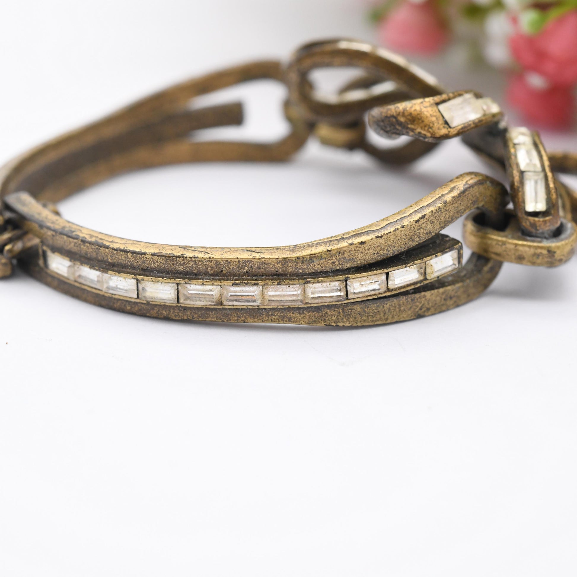 Vintage Sweet Romance USA Necklace and Bracelet Set with Ribbon Flower - Matching Costume Jewellery | Clear Stones | Antiqued Brass