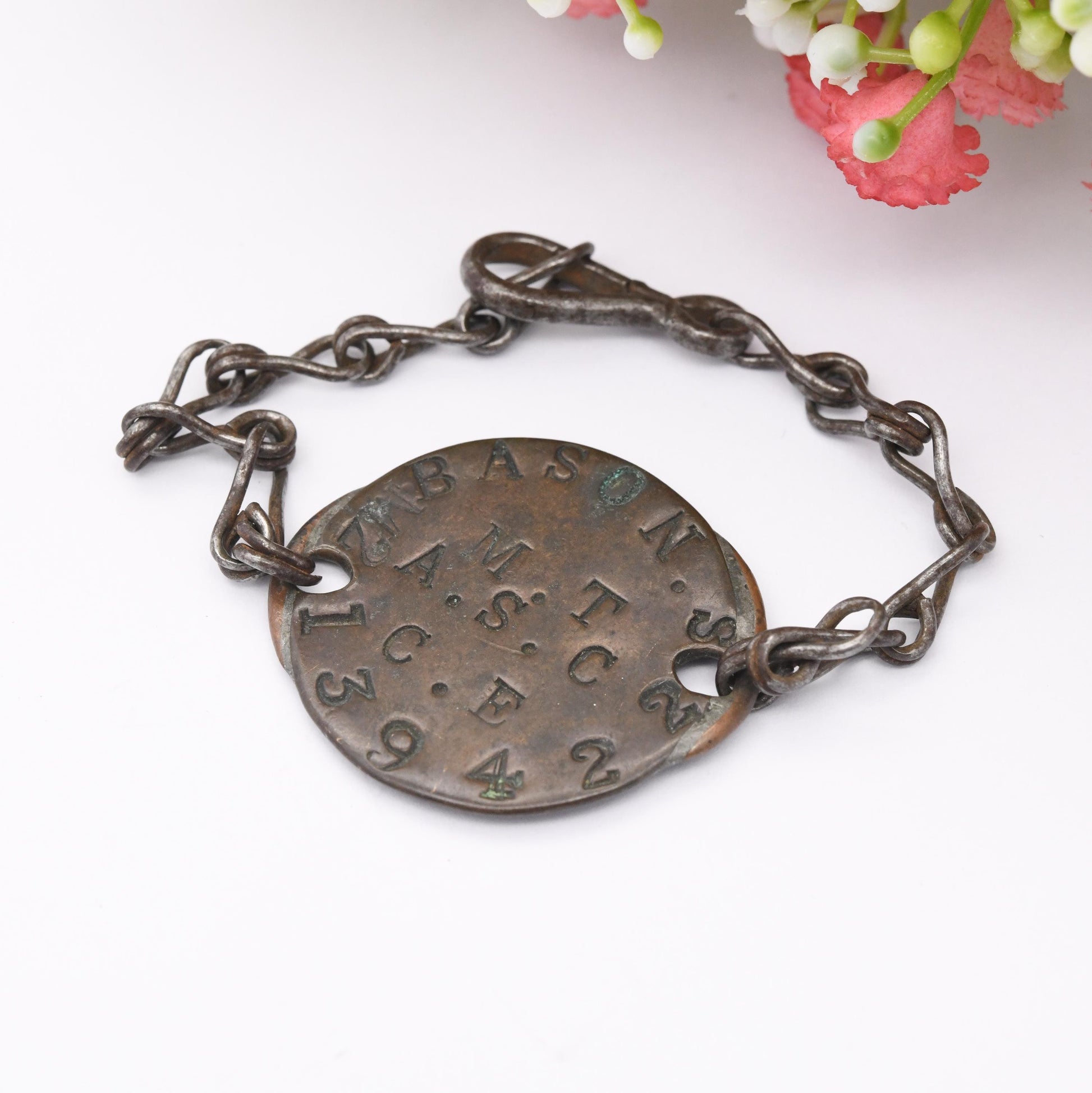Antique Trench Art Dog Tag Bracelet 1870 Battle of Sedan Franco Prussian War - Satirical Coin Engraved Coin 10 Centimes | Bason MT ASC CE