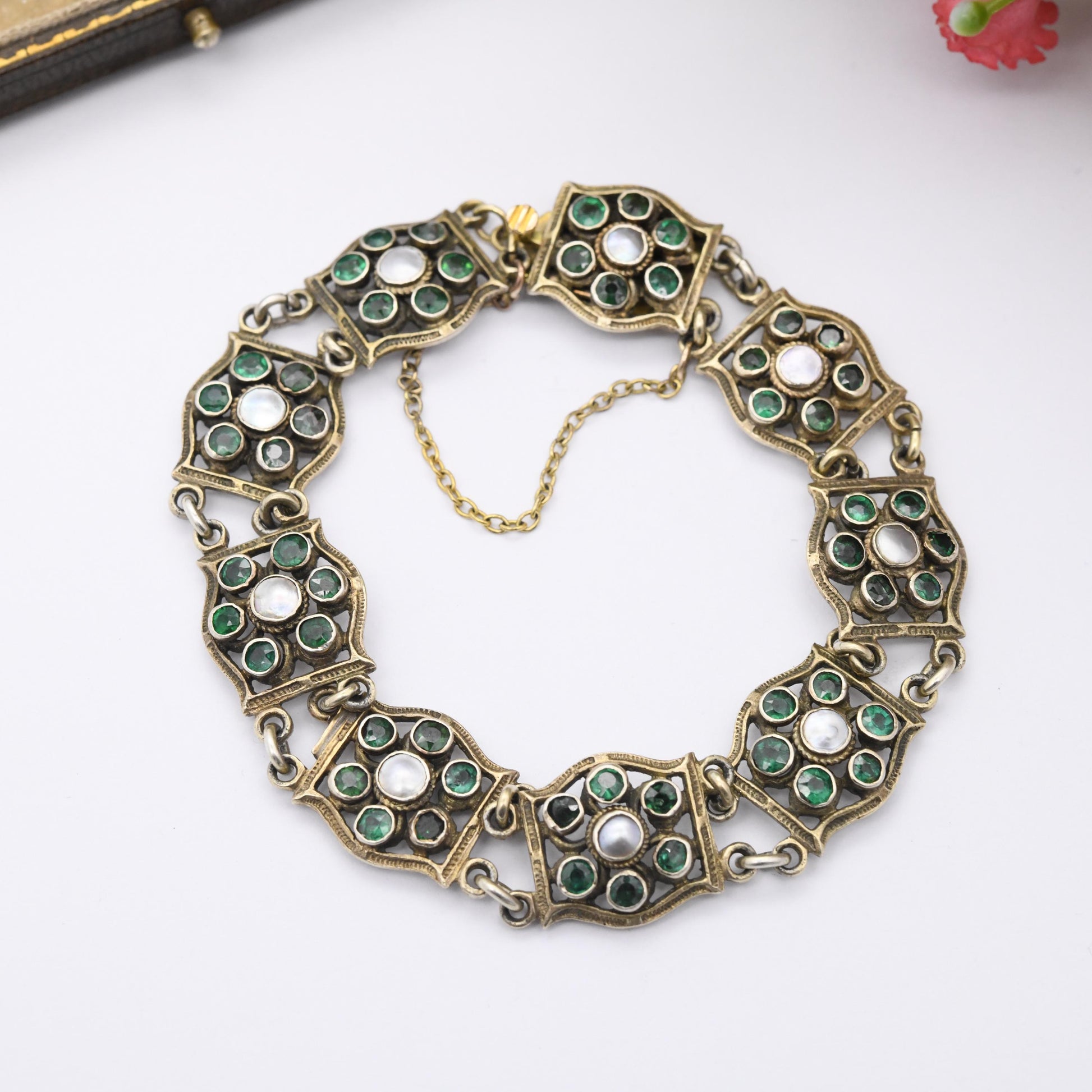 Antique Austro-Hungarian Silver Gilt Panel Bracelet with Green Stones and Blister Pearls c. 1900 - Length 7"