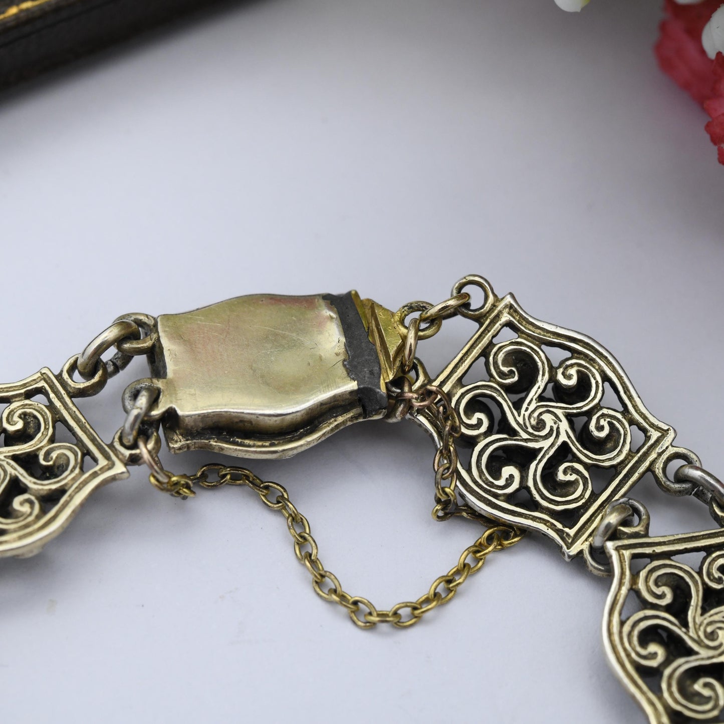 Antique Austro-Hungarian Silver Gilt Panel Bracelet with Green Stones and Blister Pearls c. 1900 - Length 7"