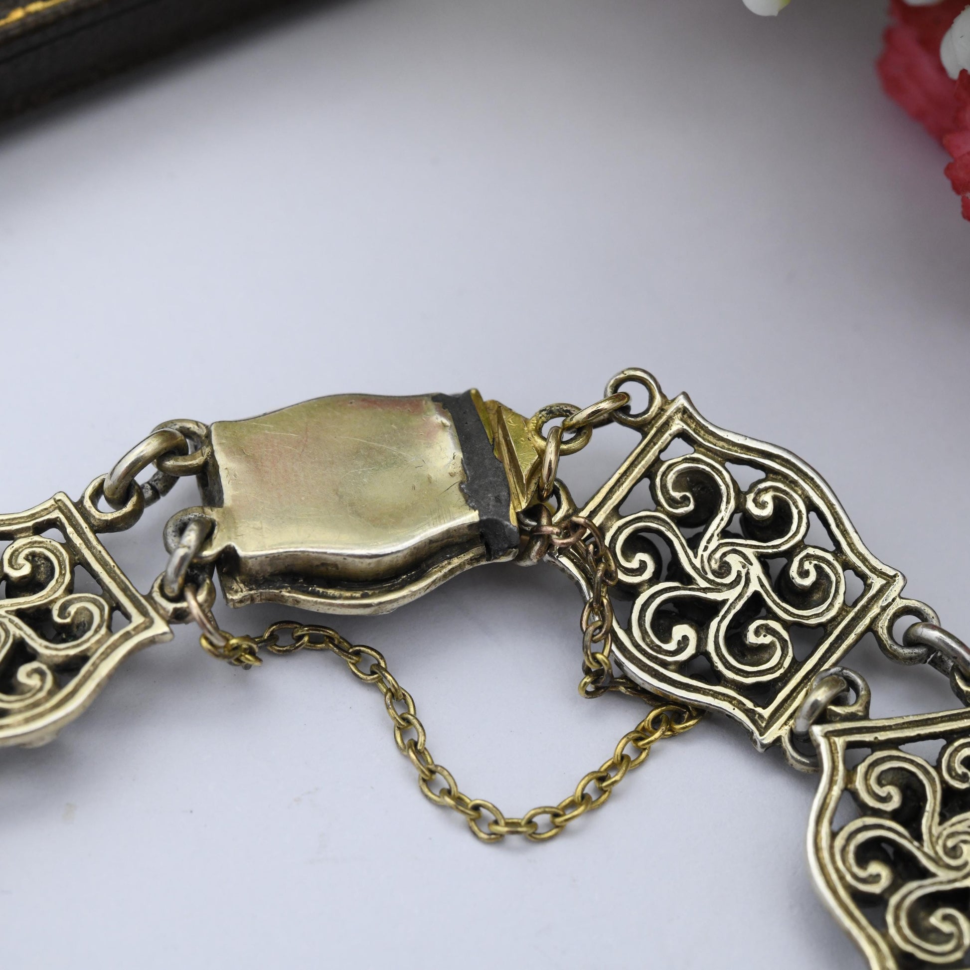 Antique Austro-Hungarian Silver Gilt Panel Bracelet with Green Stones and Blister Pearls c. 1900 - Length 7"