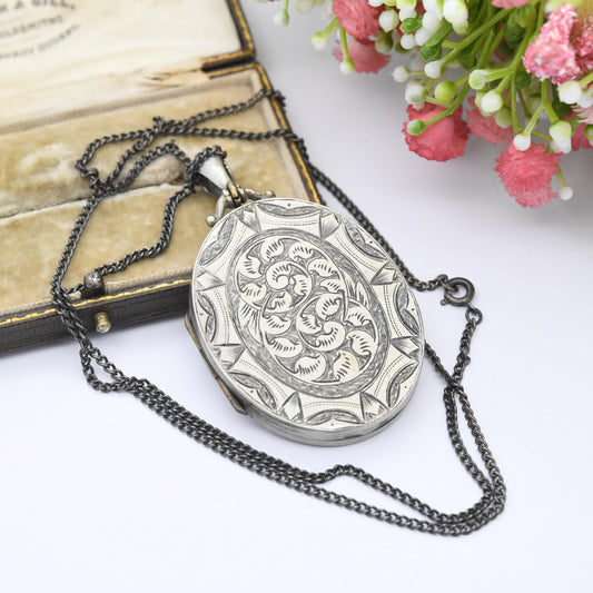 Antique Victorian Aesthetic Movement Locket on Sterling Silver Chain - Hand Engraved Scrolling Design Oval Pendant Necklace